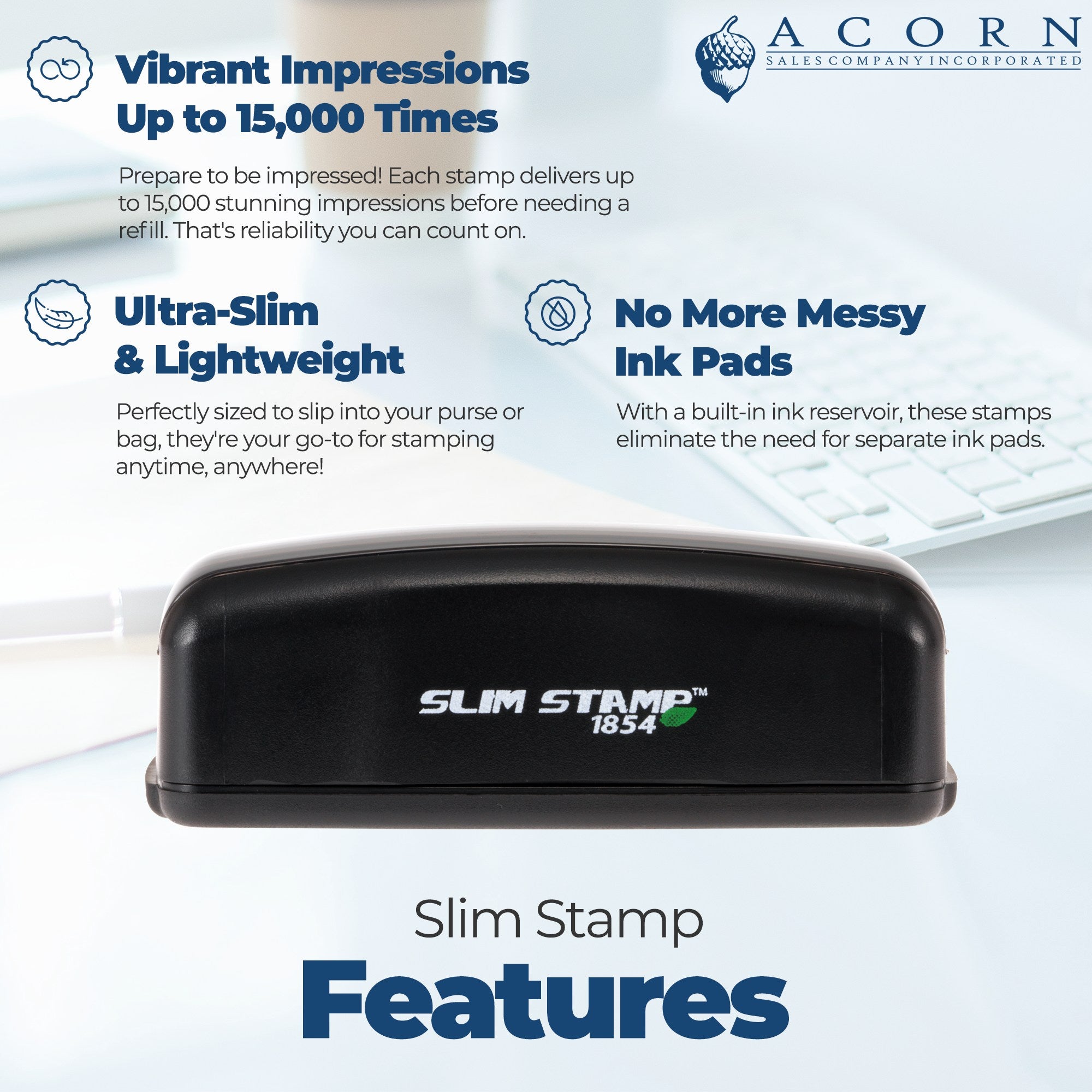 Slim Stamp 1854 promotional graphic: ultra-slim ink stamp delivers up to 15,000 impressions and replaces messy ink pads using a built-in reservoir.