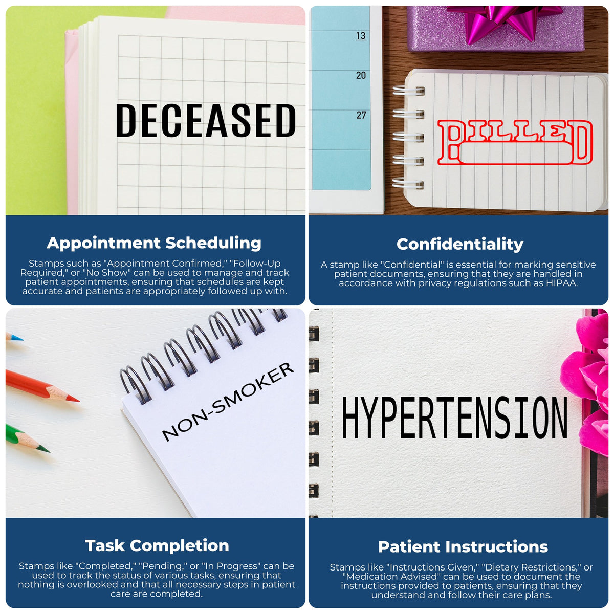 Healthcare compliance infographic showing stamps for appointment scheduling, confidentiality (HIPAA), task completion, and patient instructions.