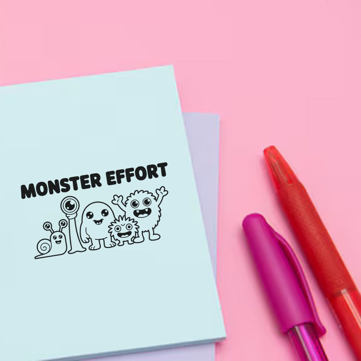 Monster Effort rubber stamp design for classroom rewards, with cute monster doodles and pens on a pink background.