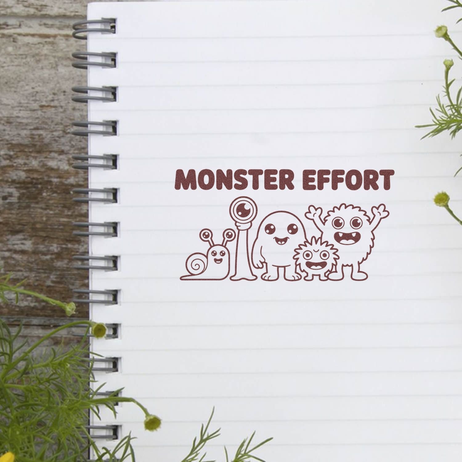 Monster Effort rubber stamp design with cute monsters on notebook, perfect for reward, planner, or classroom craft projects.