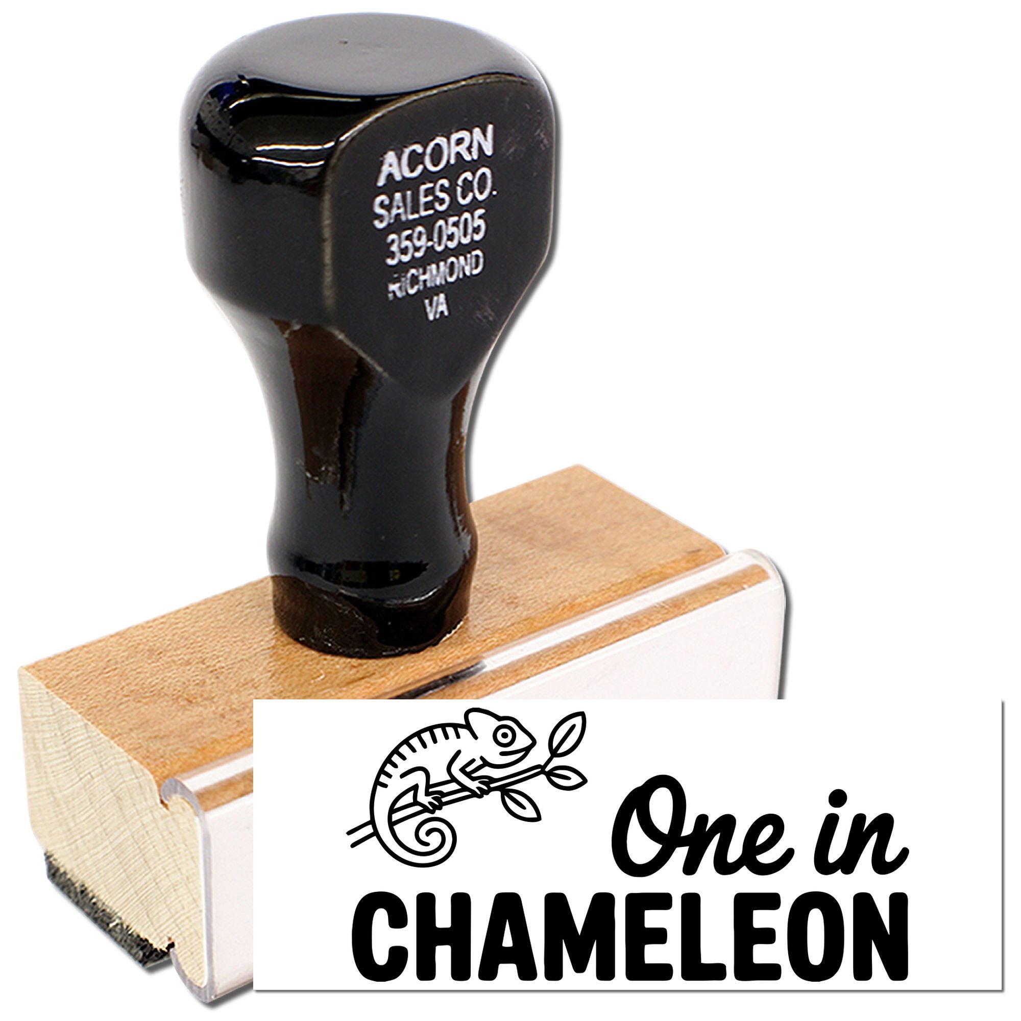 One in a Chameleon rubber stamp featuring chameleon graphic for animal-themed crafts, cards, and personalized stamping.