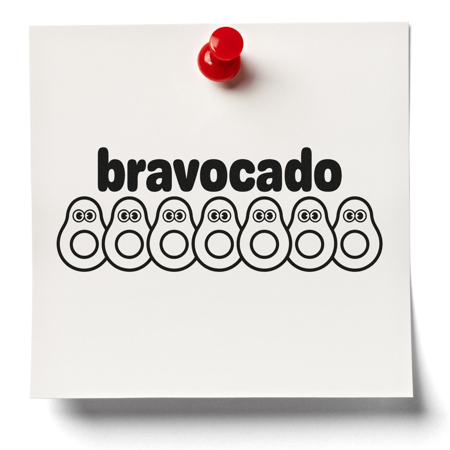 Bravocado custom rubber stamp design with playful avocado pun for cards, packaging, and stationery.