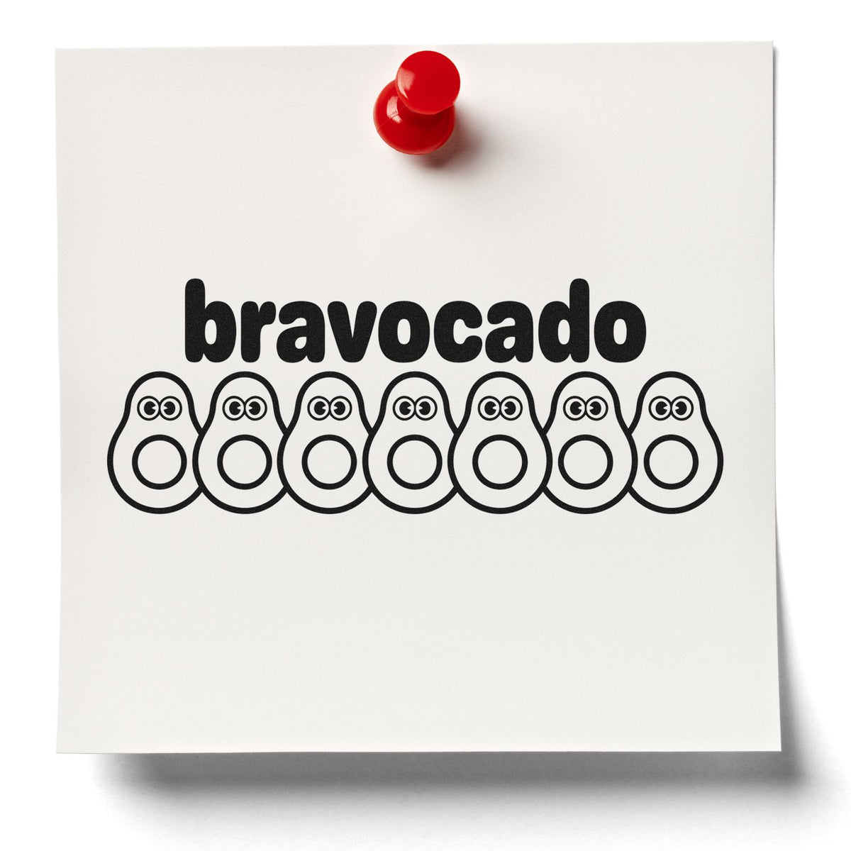 Bravocado avocado-themed congratulations rubber stamp design pinned to white paper with a red thumbtack.