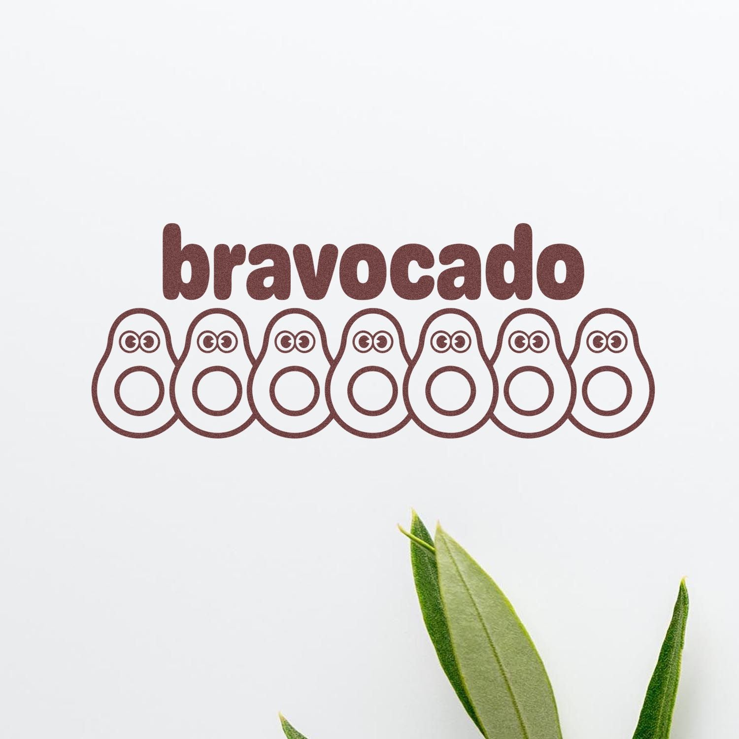 Bravocado avocado rubber stamp design with playful ghost avocados for packaging, branding, and kitchen crafts.