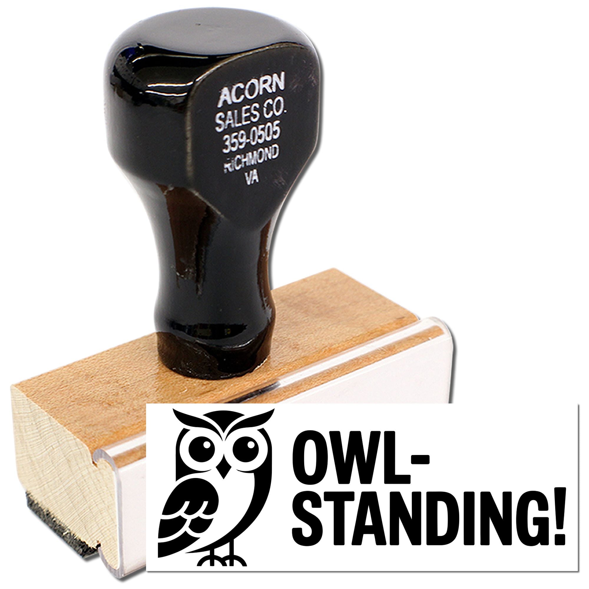 Custom wood-mount owl standing rubber stamp with Acorn Sales Co. business address and logo, ideal for branding and mailing use