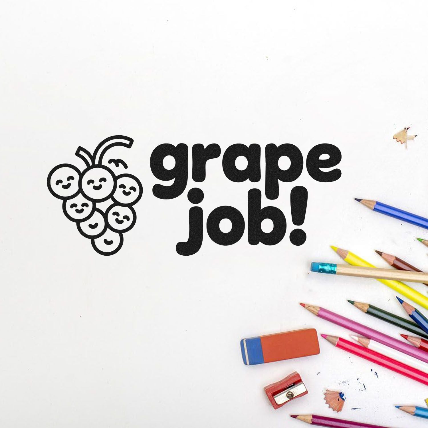 Grape job rubber stamp design with smiling grape cluster, perfect for teachers, classroom rewards, and encouragement notes.