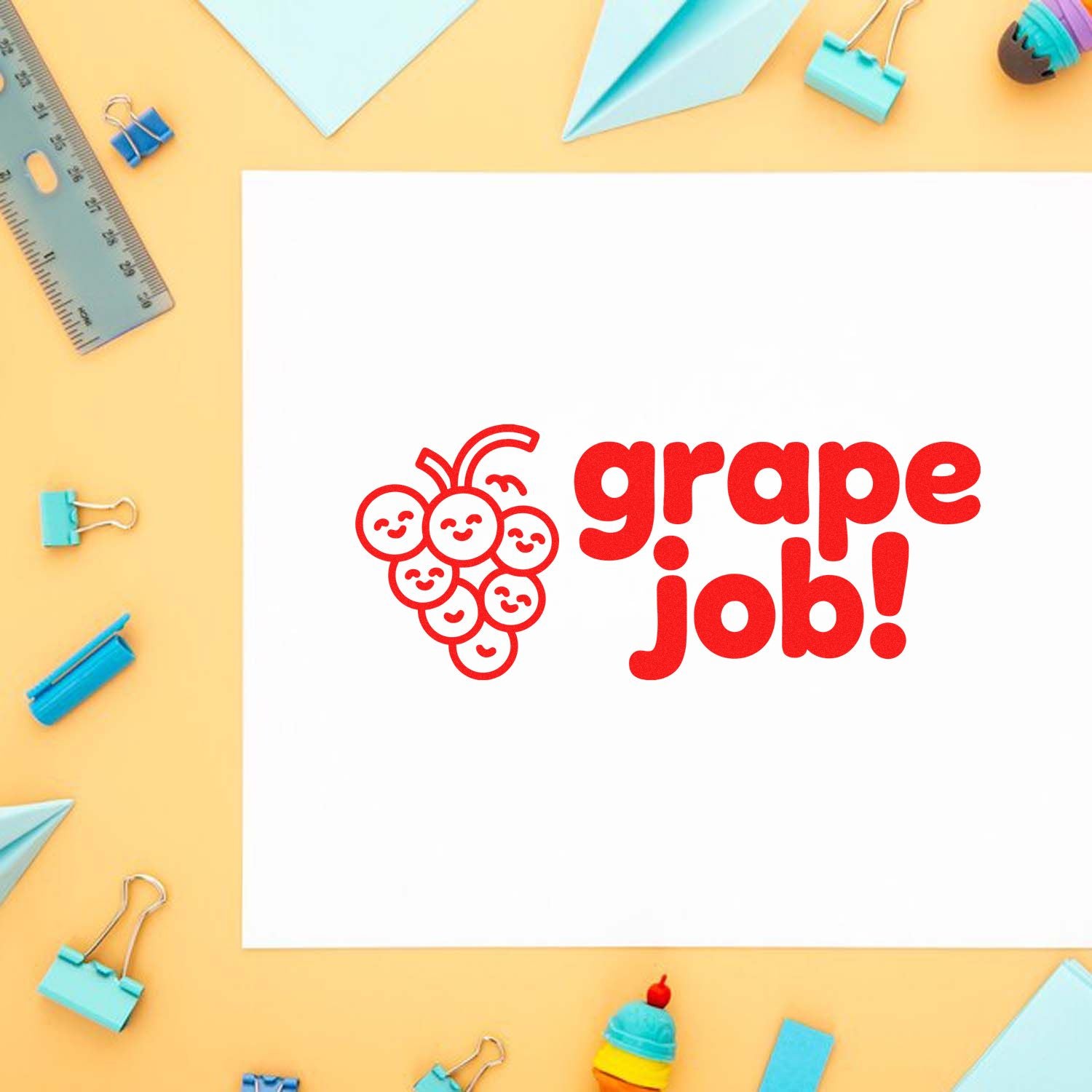 Playful Grape Job! rubber stamp design with grape mascot, ideal for teacher rewards, kids crafts, and stationery branding.