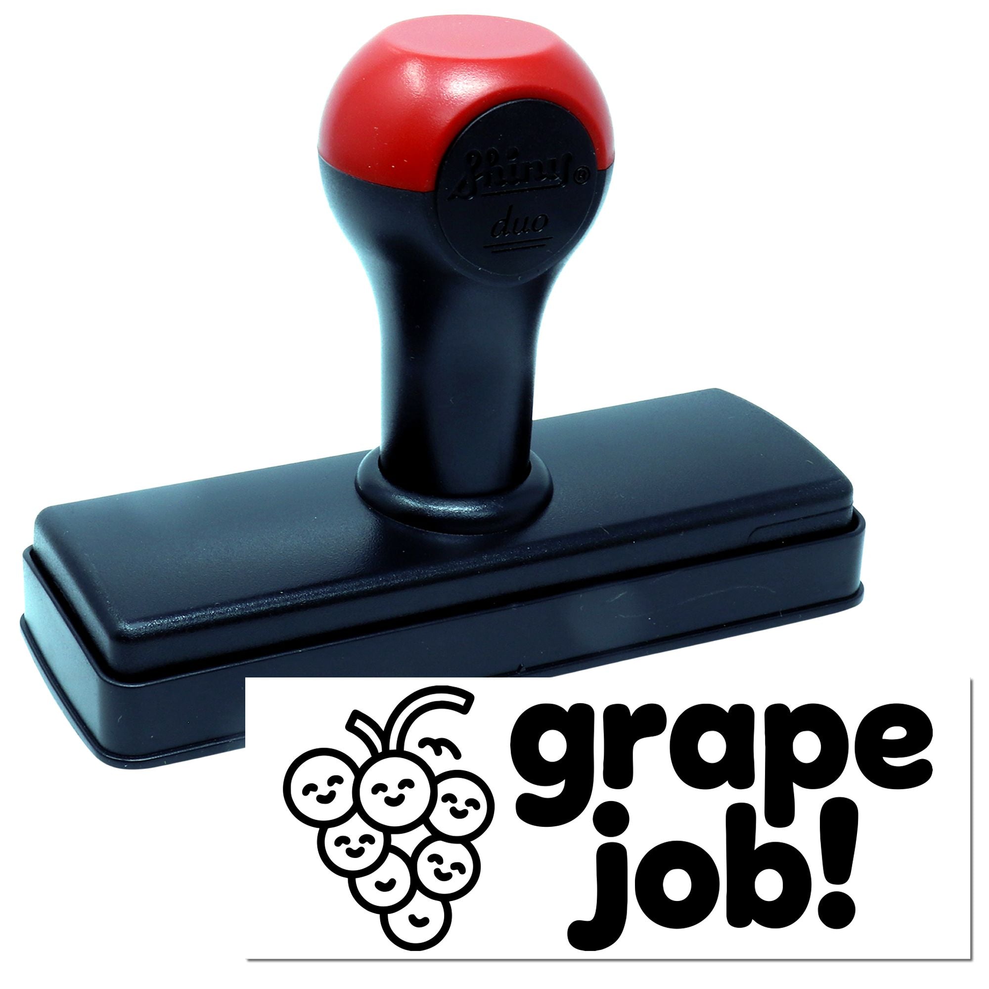 Self-inking rubber stamp with Grape Job! design for fun classroom rewards, teacher praise, and office recognition.