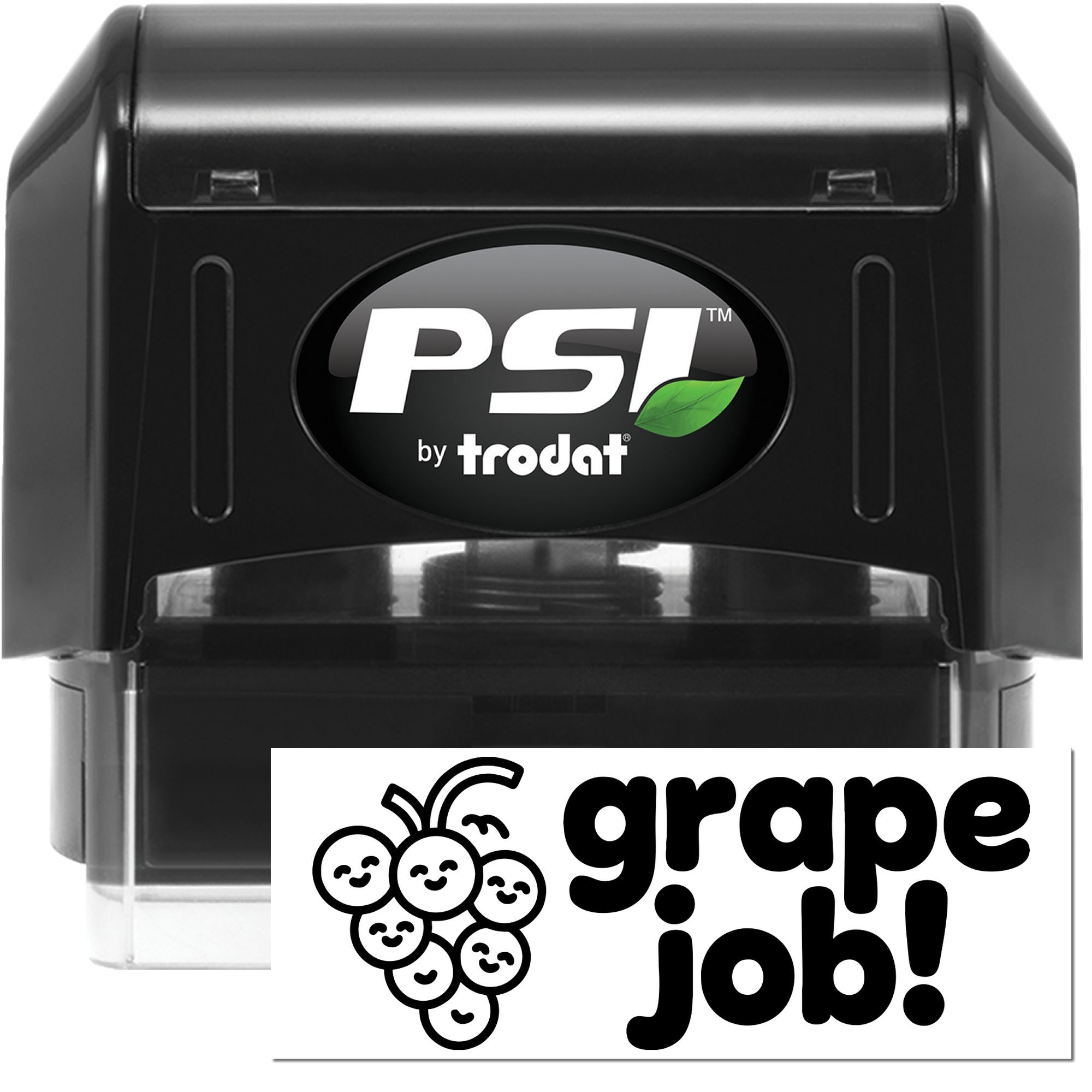 PSI by Trodat self-inking custom rubber stamp with grape job logo for business branding and office use.