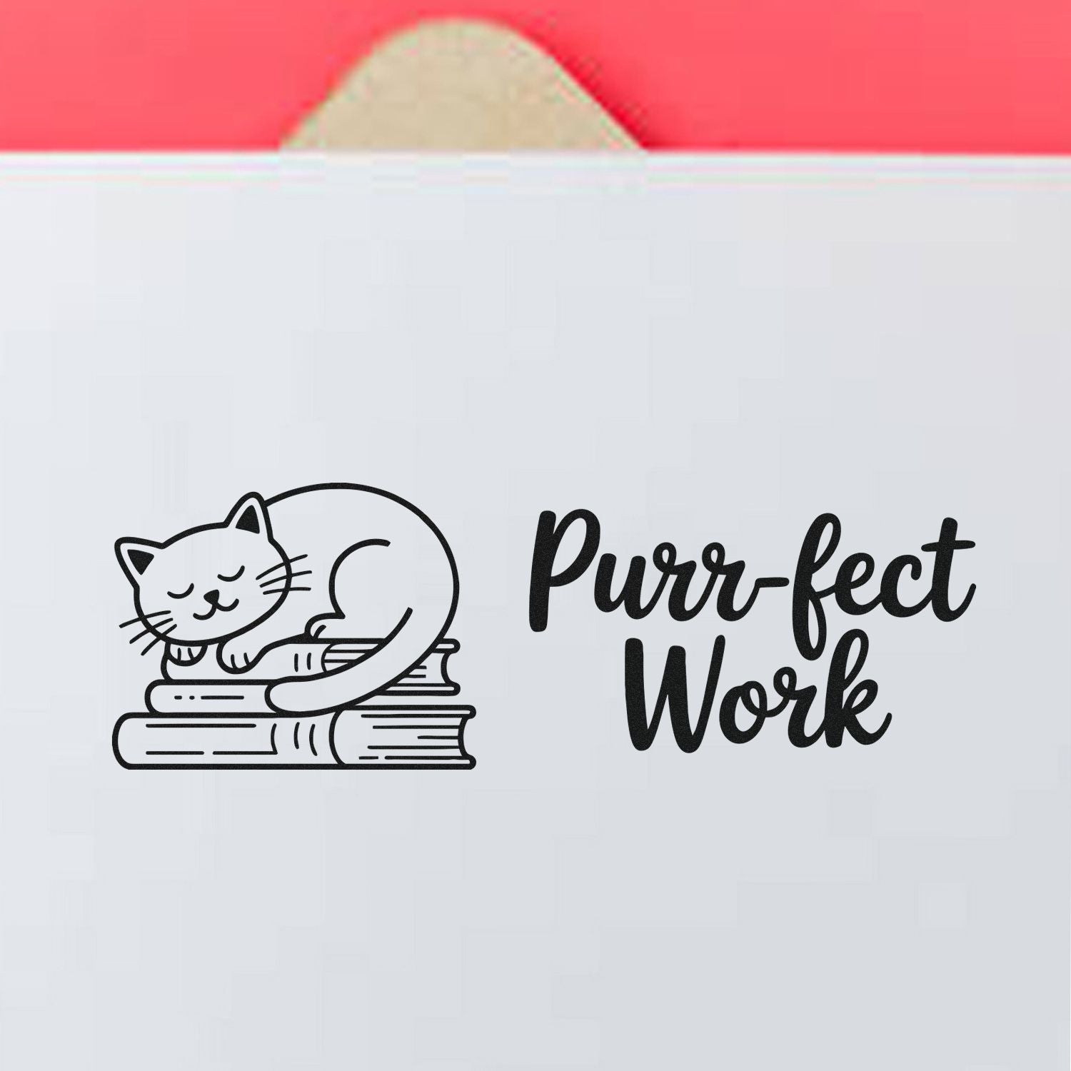Sleeping cat on books rubber stamp with Purr-fect Work text for teacher rewards, planners, and office stationery.