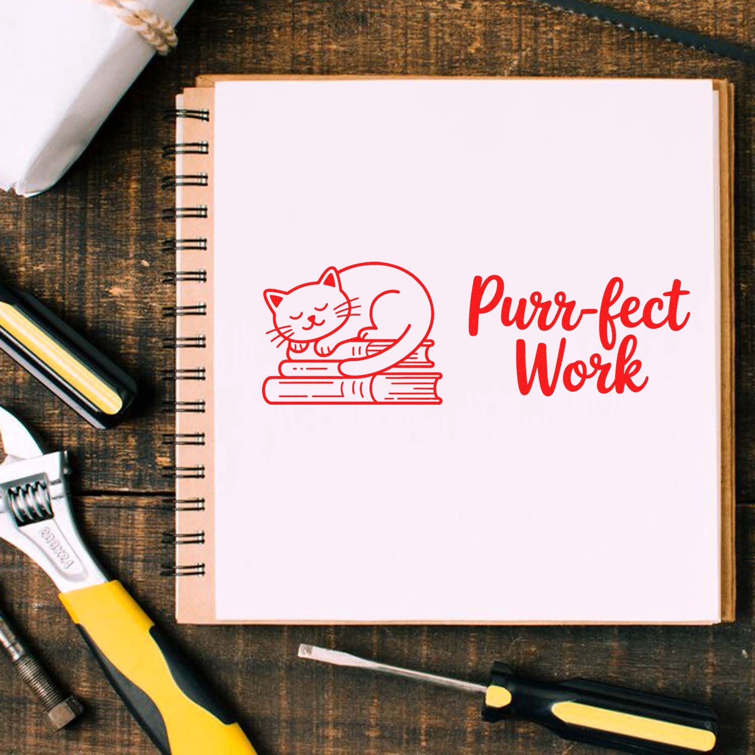 Cat on books rubber stamp design with Purr-fect Work message for teacher grading, rewards, and craft projects.