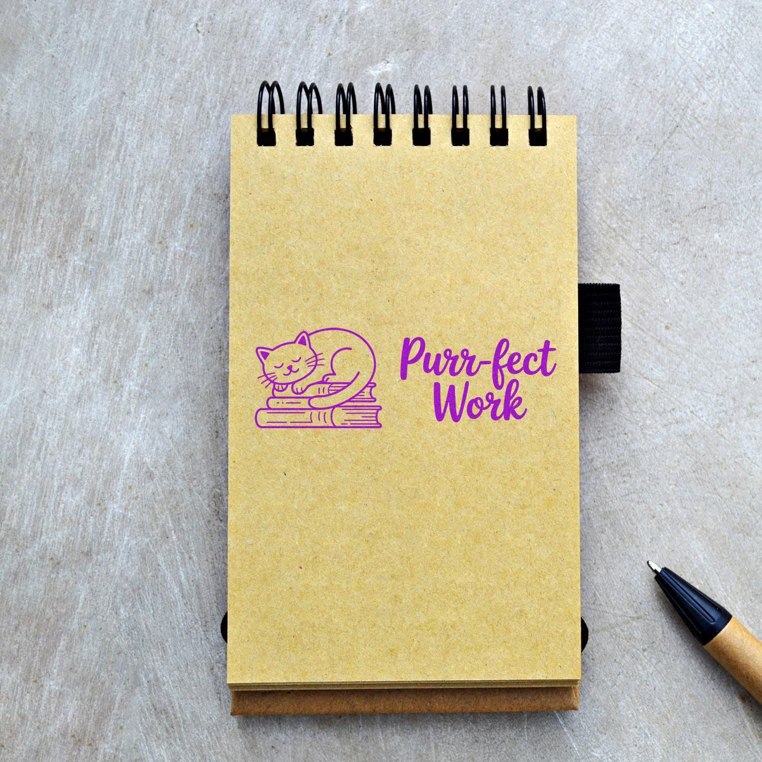 Cute cat rubber stamp with Purr-fect Work design for planners, stationery, and office branding.