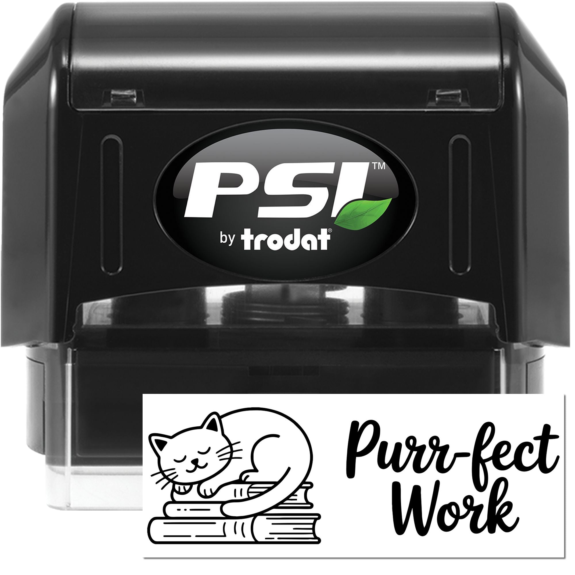 PSI by Trodat self-inking rubber stamp with custom cat Purr-fect Work design preview