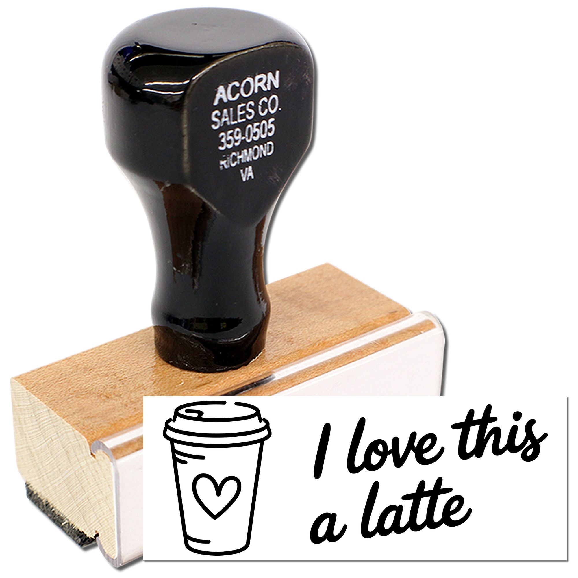 Coffee-themed rubber stamp with "I love this a latte" design and cup icon for cafe packaging, cards, and crafts.