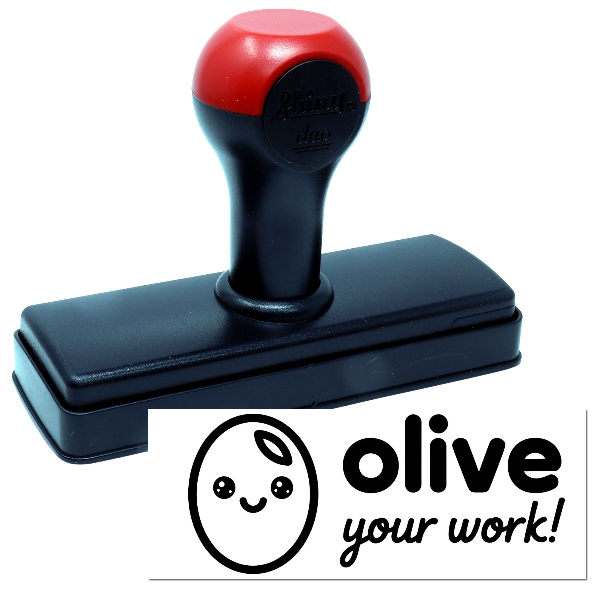 Custom self-inking rubber stamp with Olive your work! logo for business branding, packaging, and stationery.