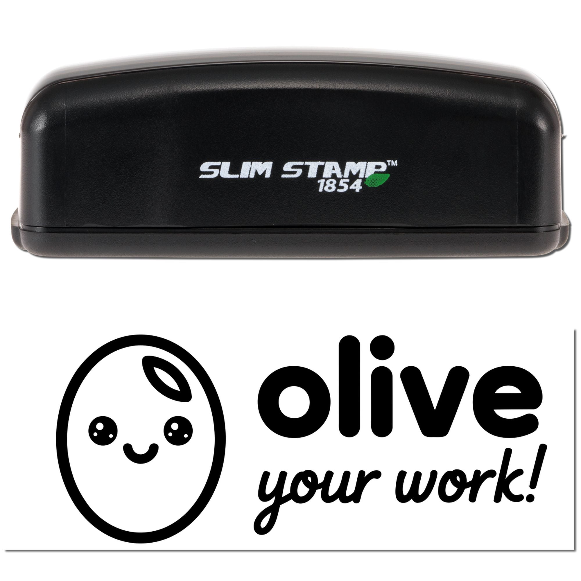 Slim Stamp 1854 custom rubber stamp featuring Olive Your Work logo design