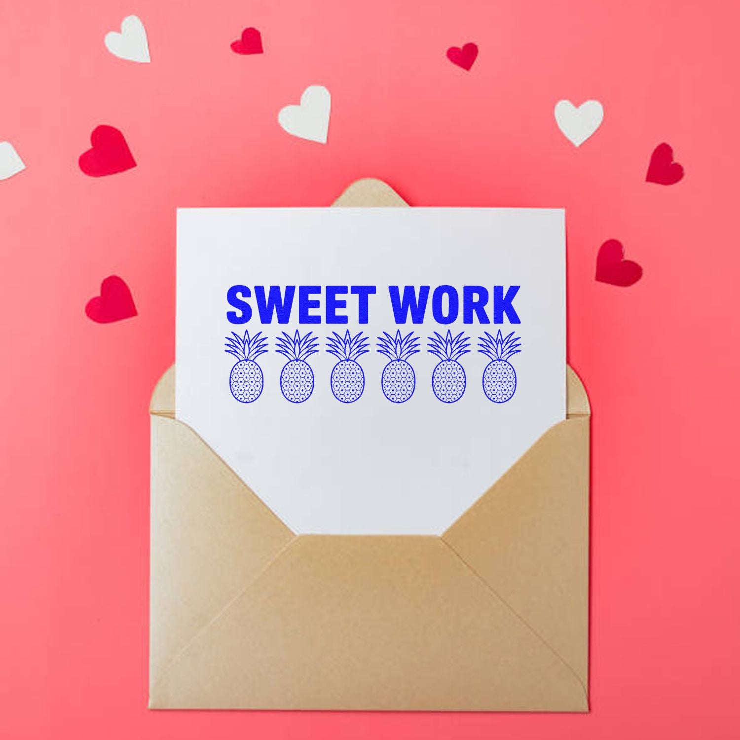 Sweet Work pineapple rubber stamp design on envelope, ideal for handmade thank-you cards, packaging, and stationery.