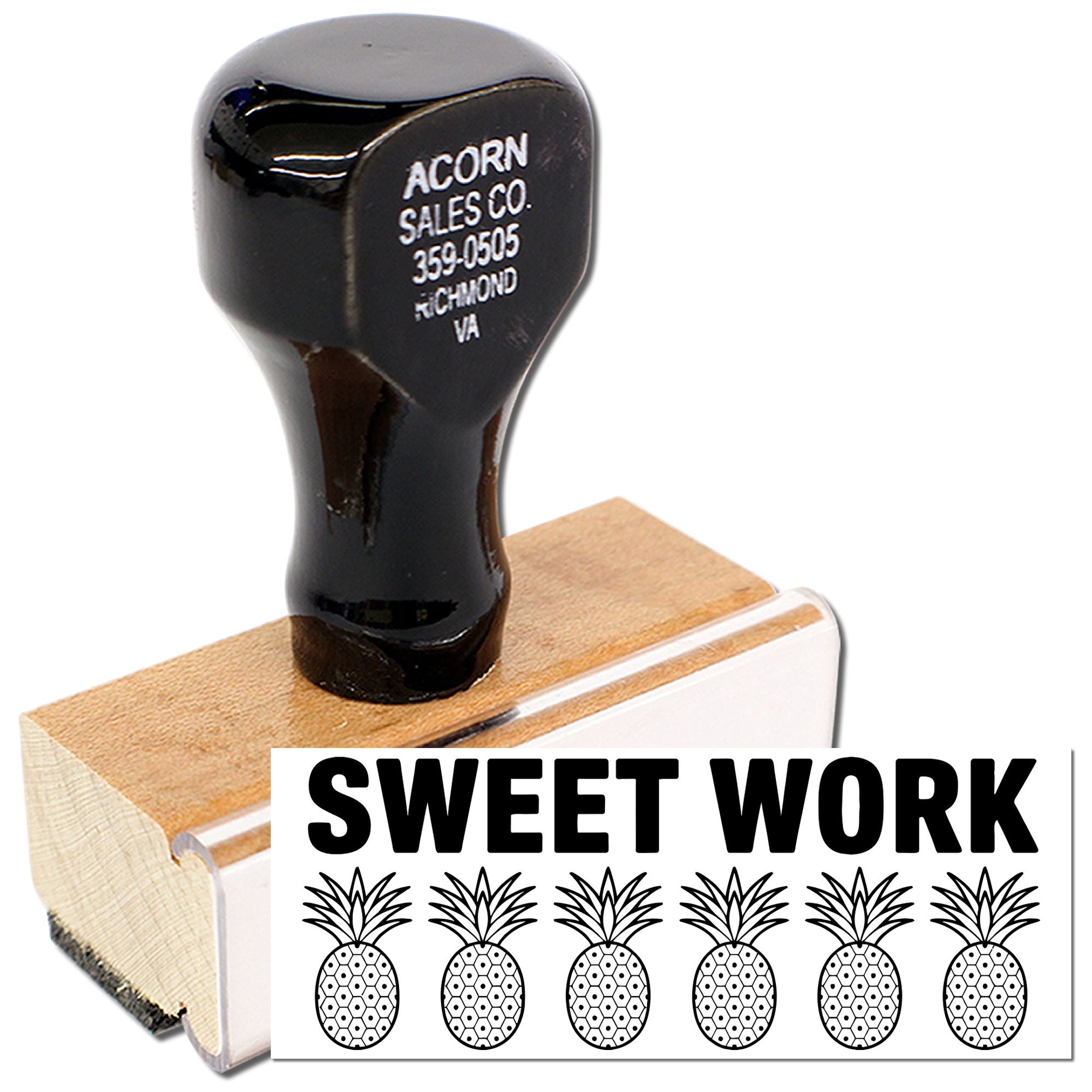 Wooden rubber stamp with custom Sweet Work pineapple design for tropical branding, packaging, and stationery.