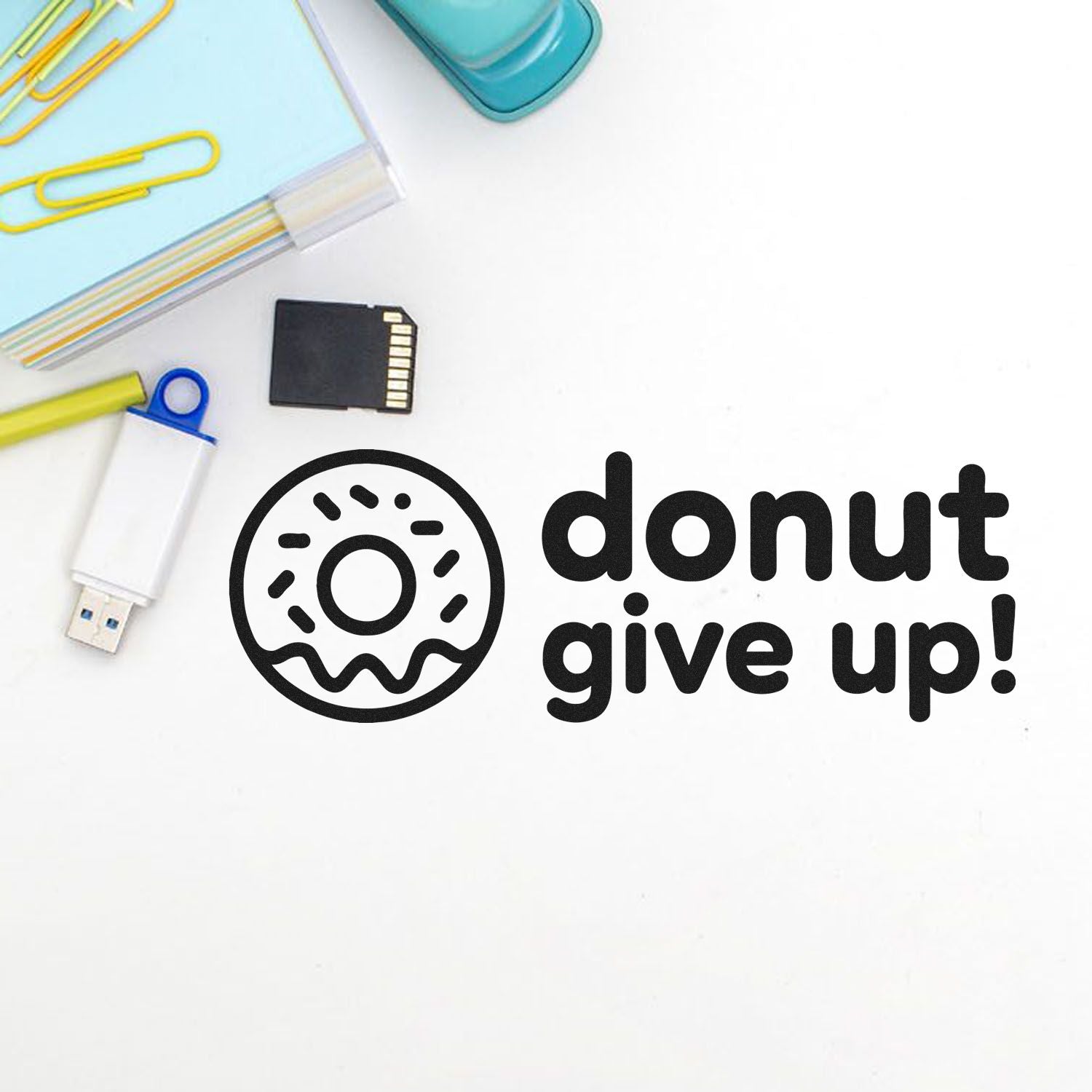 Donut give up rubber stamp design with donut icon, a playful office and craft stamp for stationery use.