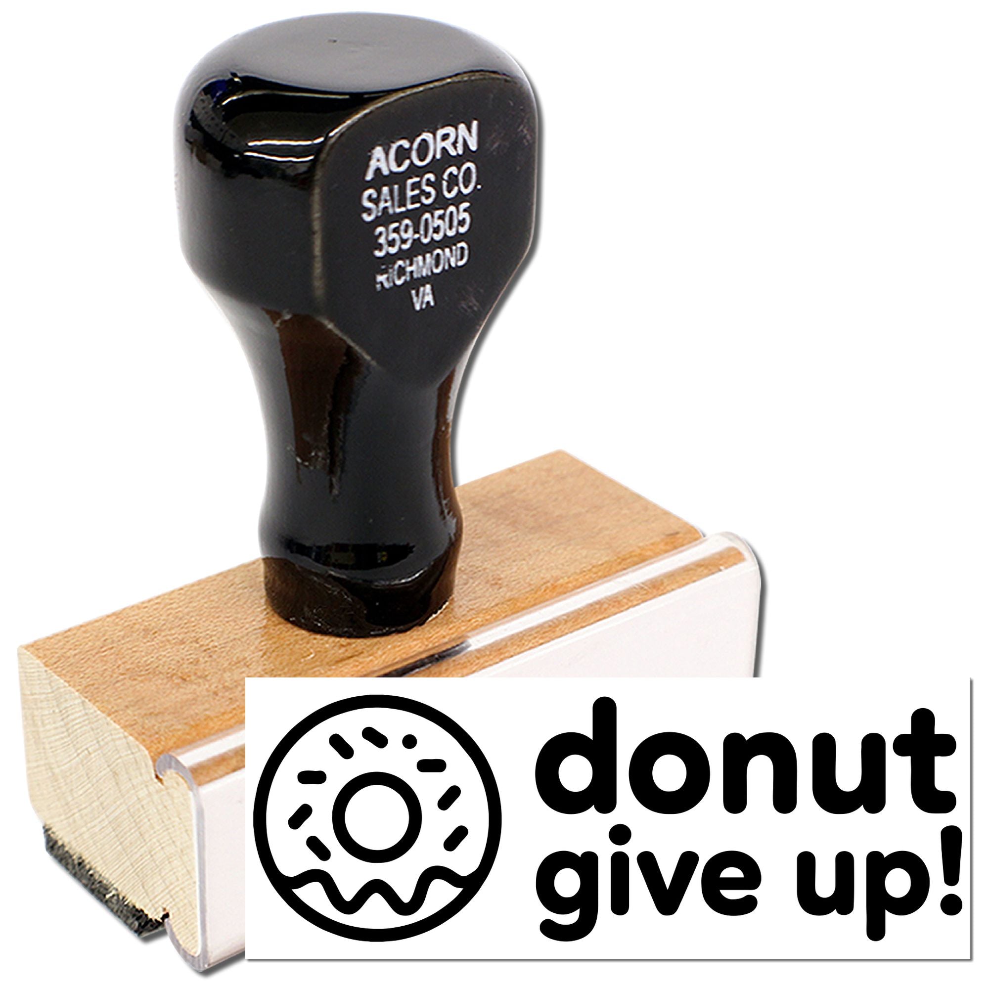 Donut give up rubber stamp featuring a donut icon and slogan, ideal for bakery packaging, crafts, and fun motivational stamping.