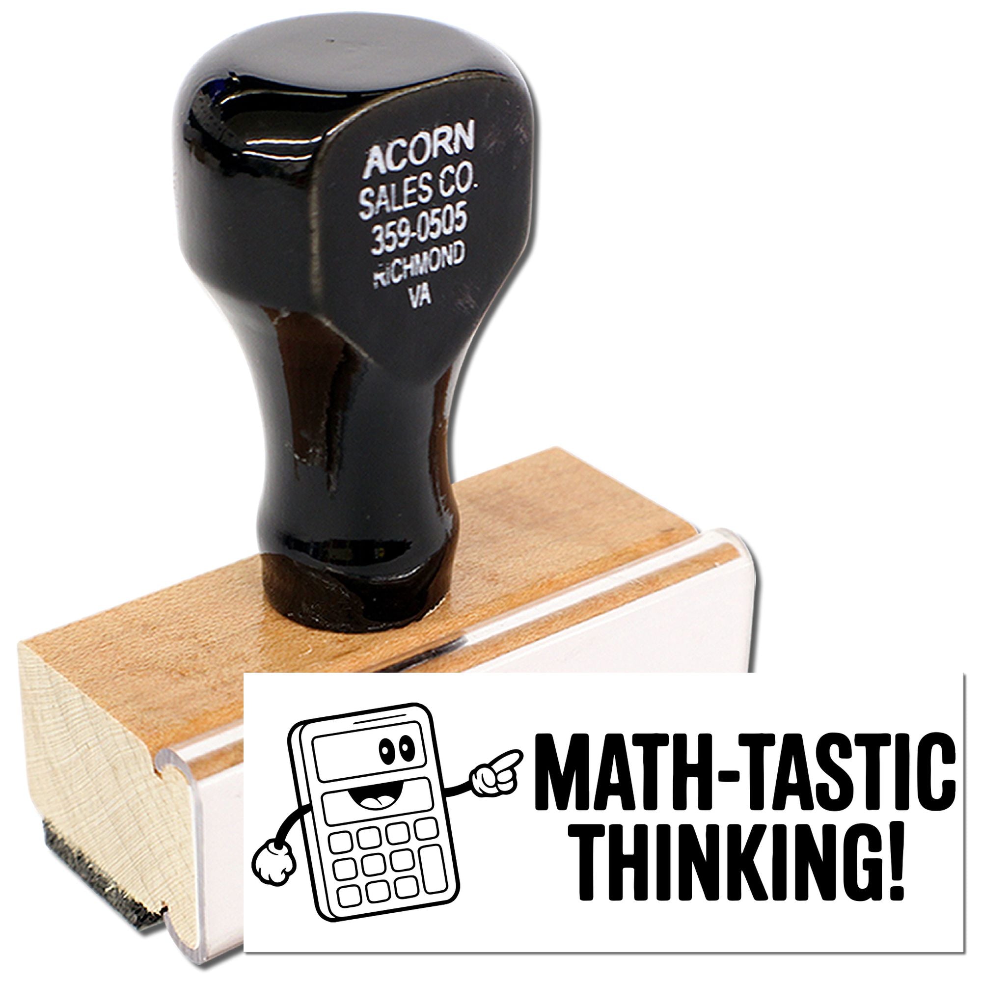 Wooden handle rubber stamp with custom business imprint and Math-Tastic Thinking! teacher design for classroom use.