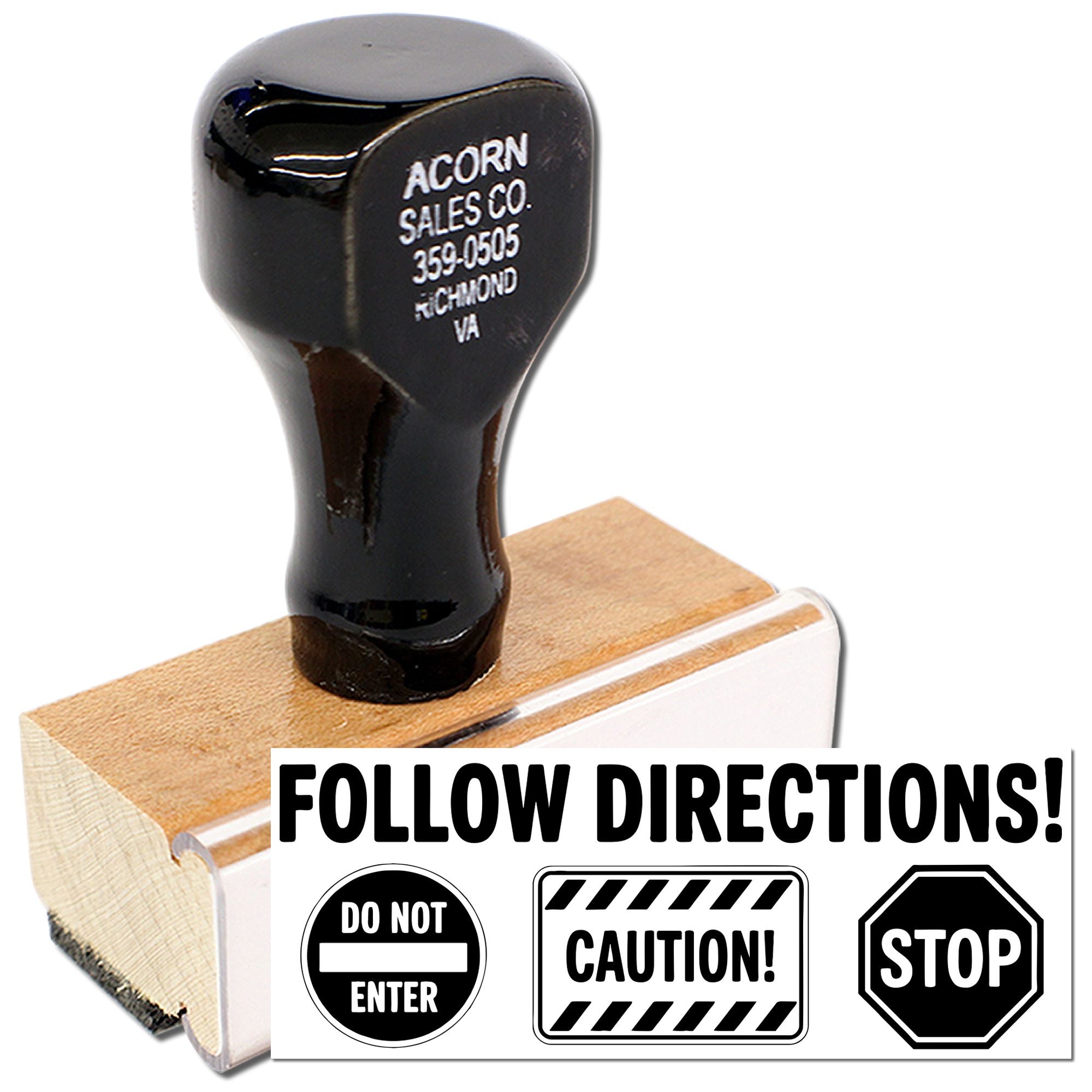 Custom business rubber stamp for Acorn Sales Co., Richmond VA, with follow-directions icons and warning stamp examples.