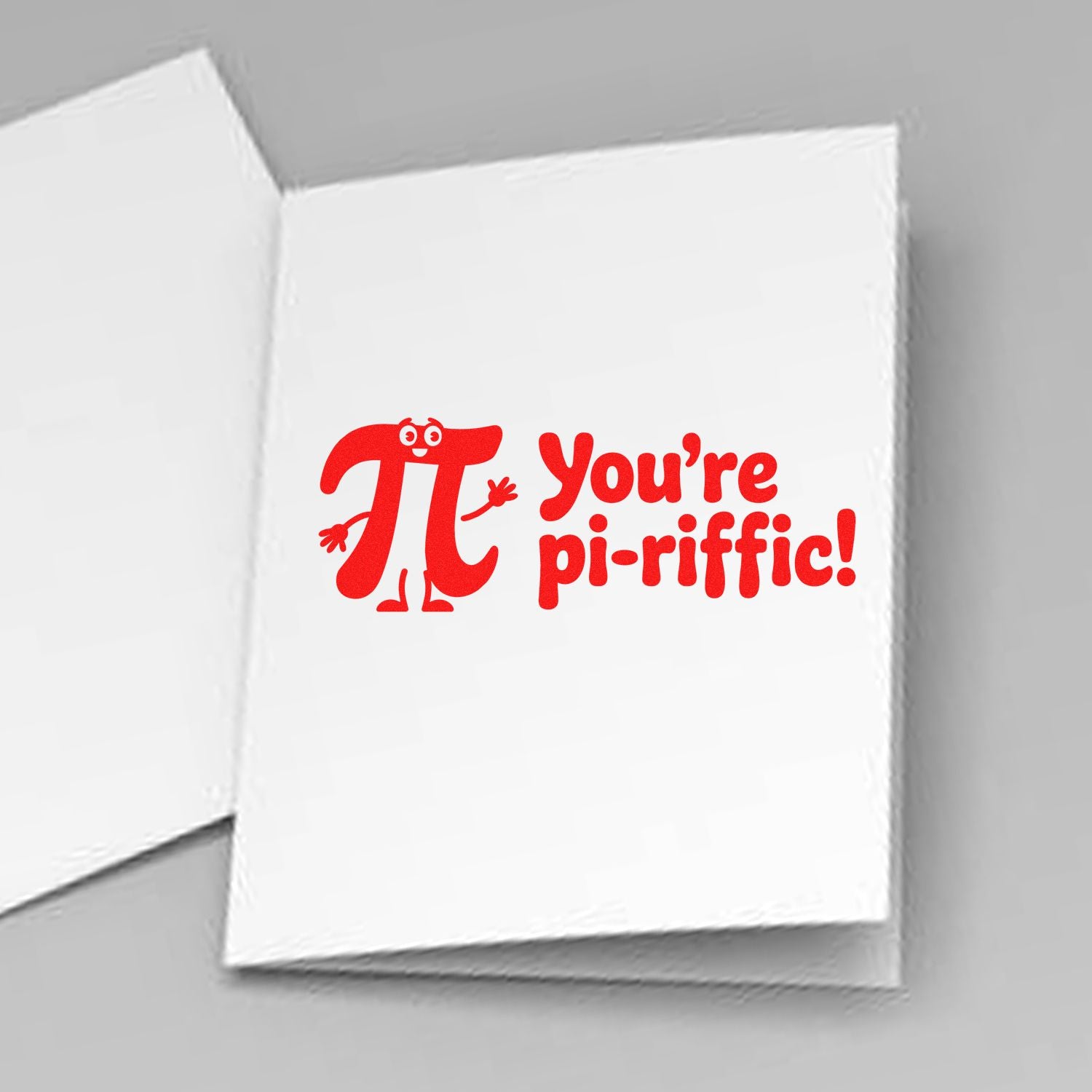 Red Youre pi-riffic! rubber stamp design with playful pi character, perfect for math teacher gifts and classroom notes.