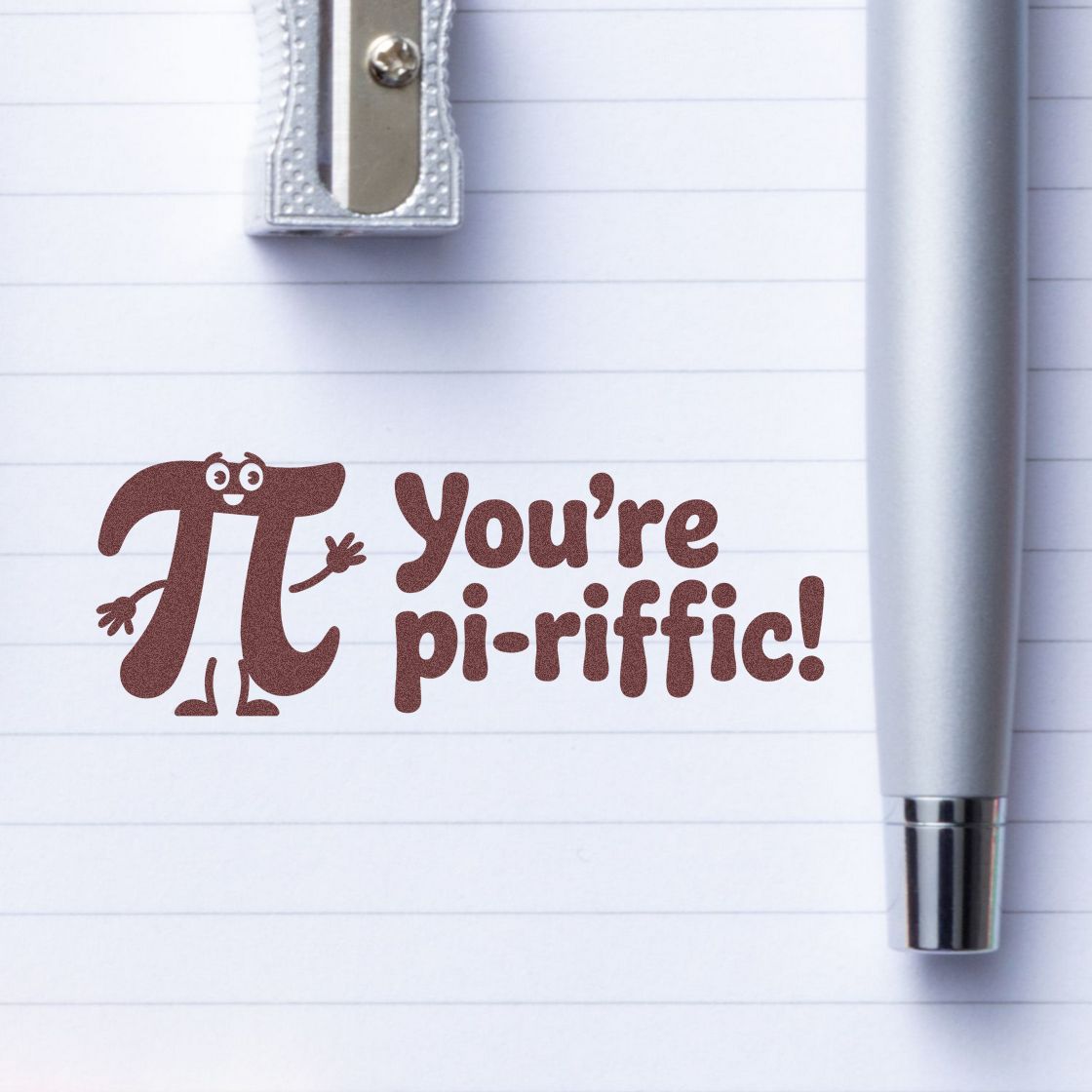 Pi-riffic rubber stamp design with smiling pi character and Youre pi-riffic! on lined paper for math teacher rewards.