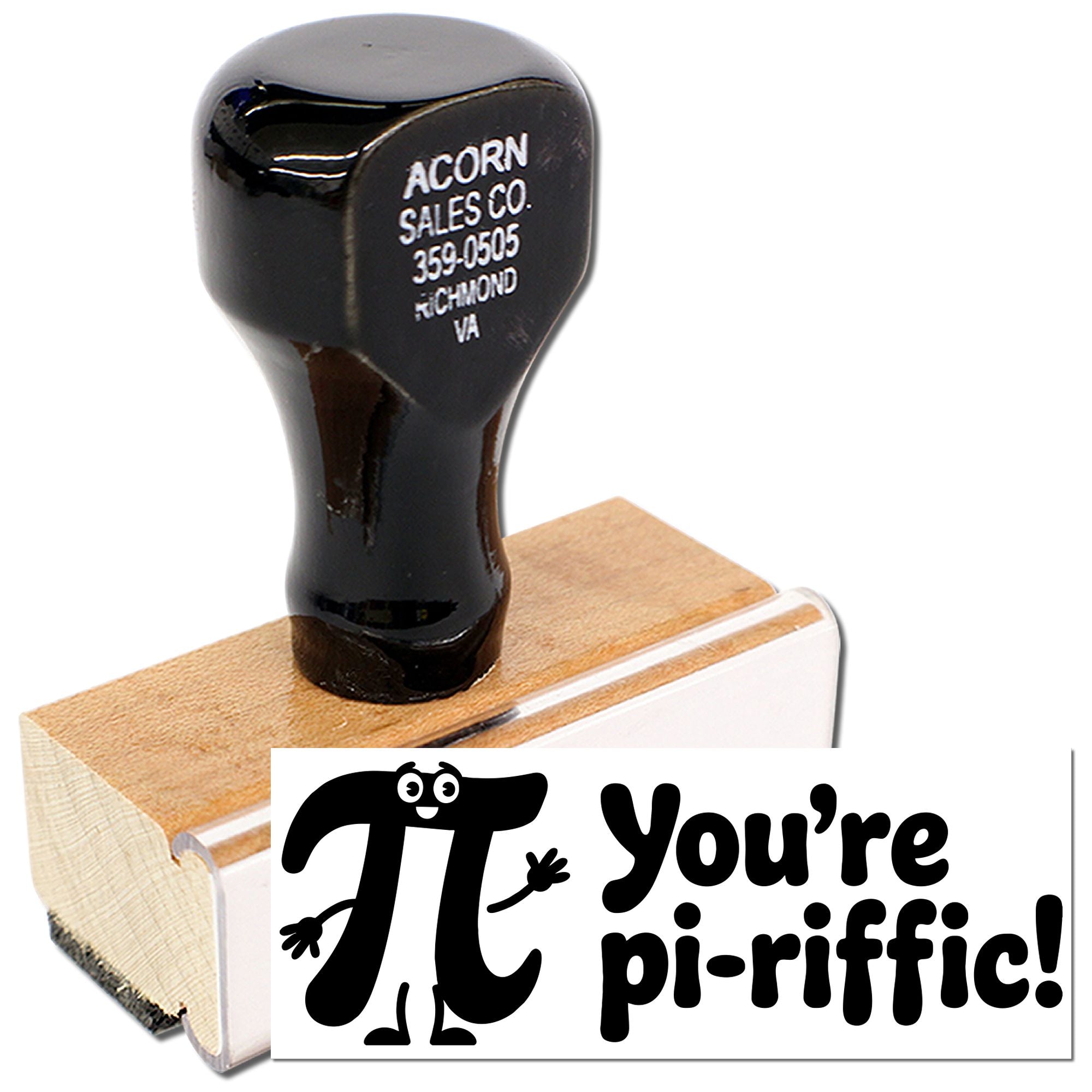 Custom rubber stamp product image showing an address stamp for Acorn Sales Co. and a playful Youre pi-riffic! math stamp.