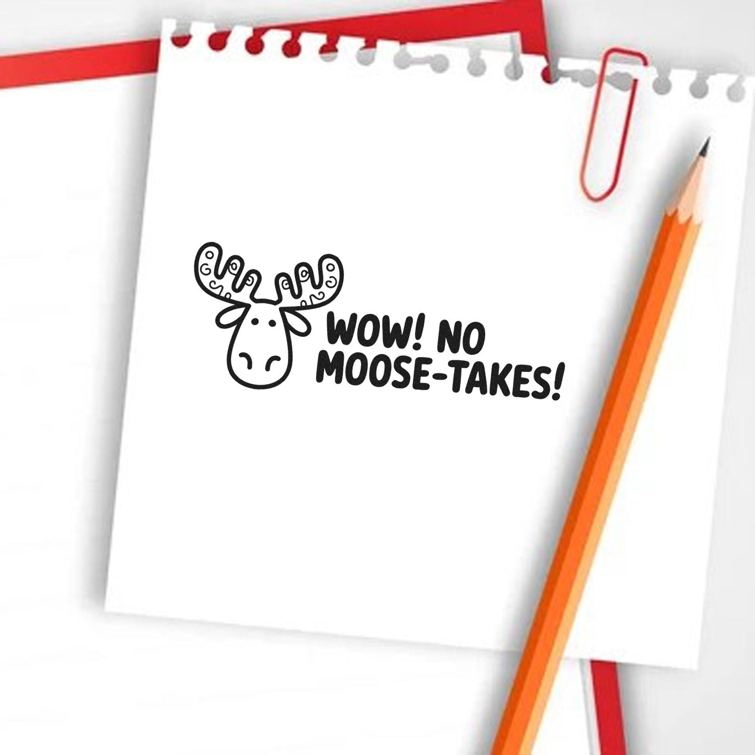 Funny moose rubber stamp design with Wow! No moose-takes! text, ideal for stationery, planners, and craft projects.