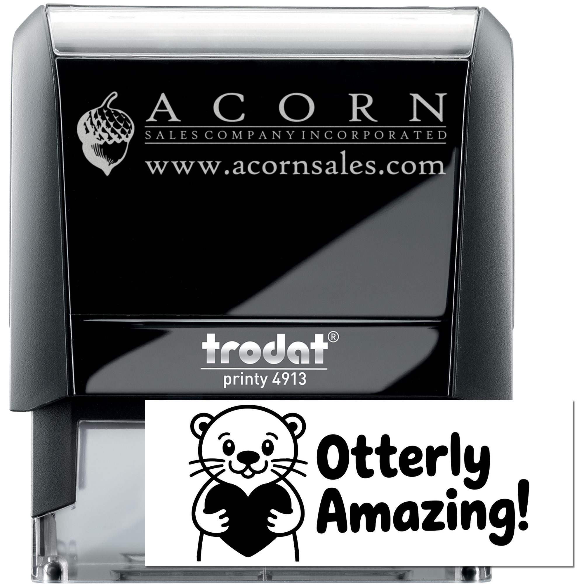Custom Trodat Printy 4913 self-inking rubber stamp with Acorn Sales logo and Otterly Amazing design for branding.
