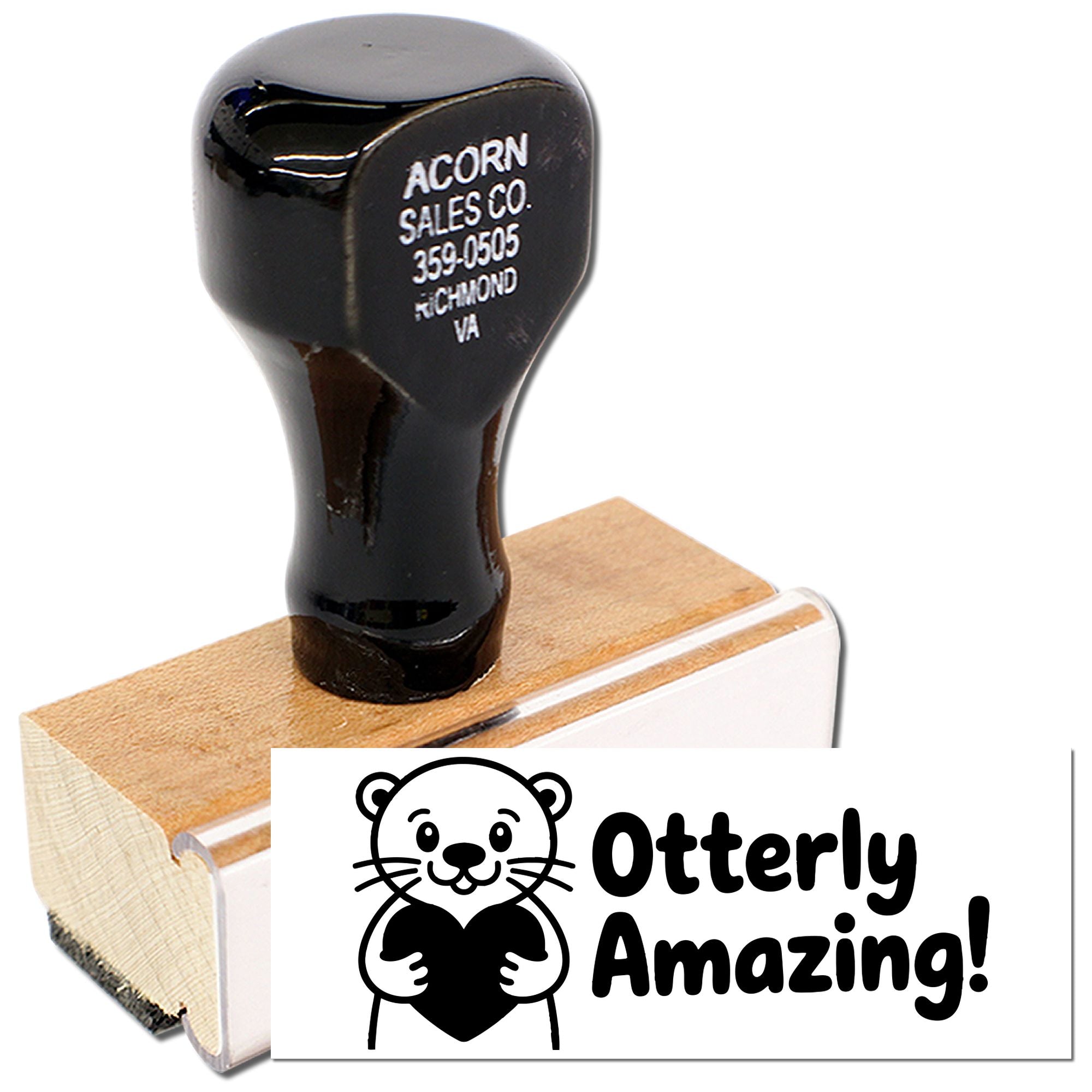Wood-mounted custom rubber stamp with otter design and Otterly Amazing! imprint for cards, crafts, and branding.