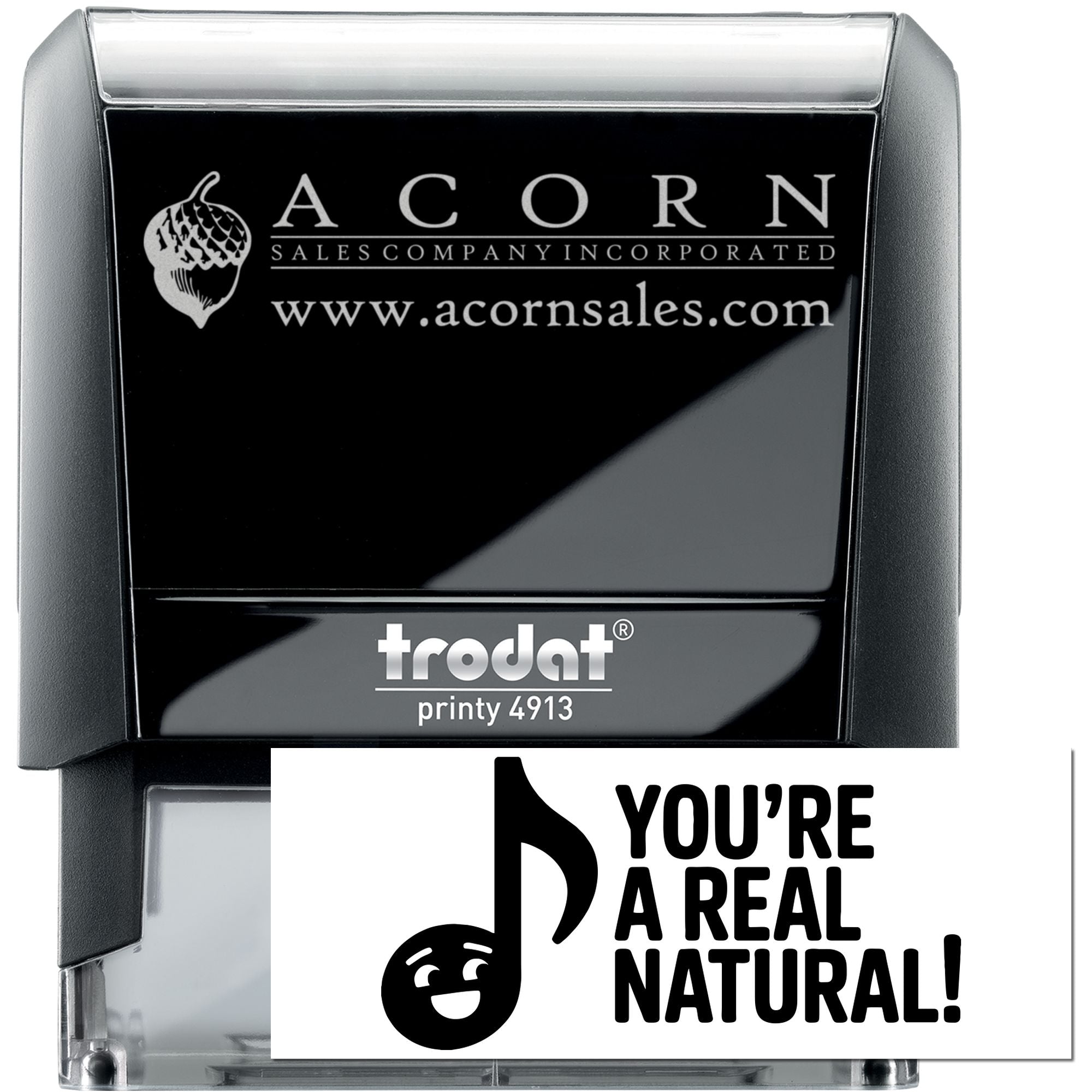 Custom Trodat Printy 4913 self-inking rubber stamp with Acorn Sales logo and website, plus music note stamp sample.