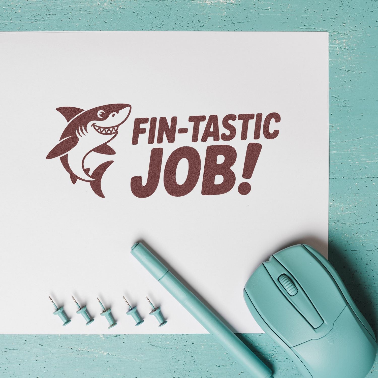 Fin-tastic Job shark rubber stamp impression with stamping tools for teacher rewards and office motivation.