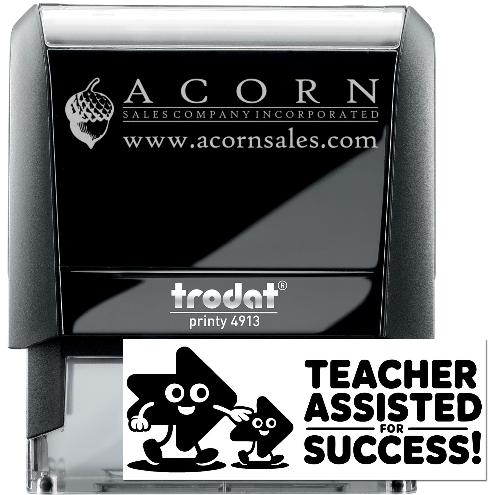 Custom self-inking rubber stamp, Trodat Printy 4913, with Teacher Assisted for Success design for classroom use.