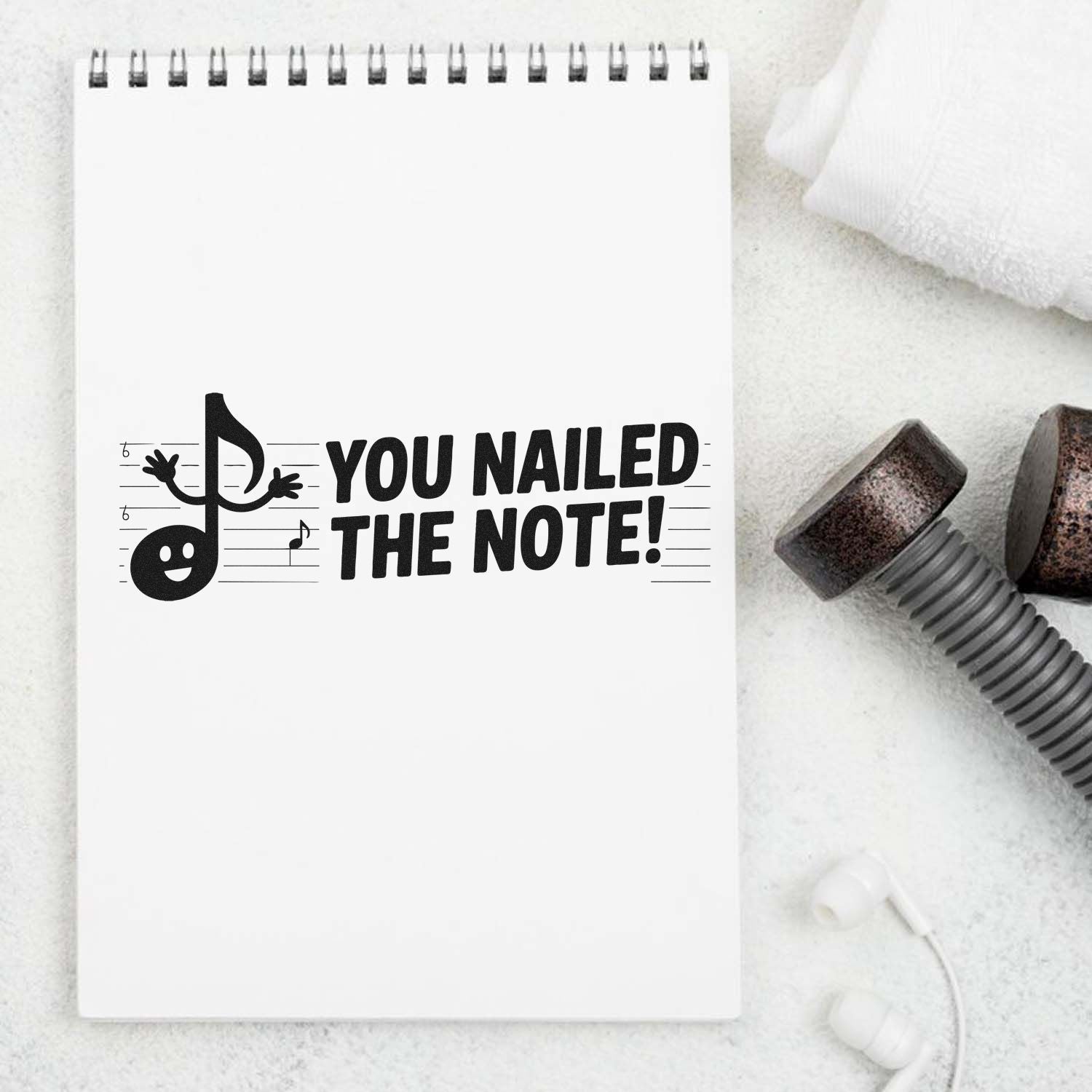 Rubber stamp design with You Nailed the Note! music note graphic on a notebook page, perfect for music teacher feedback.