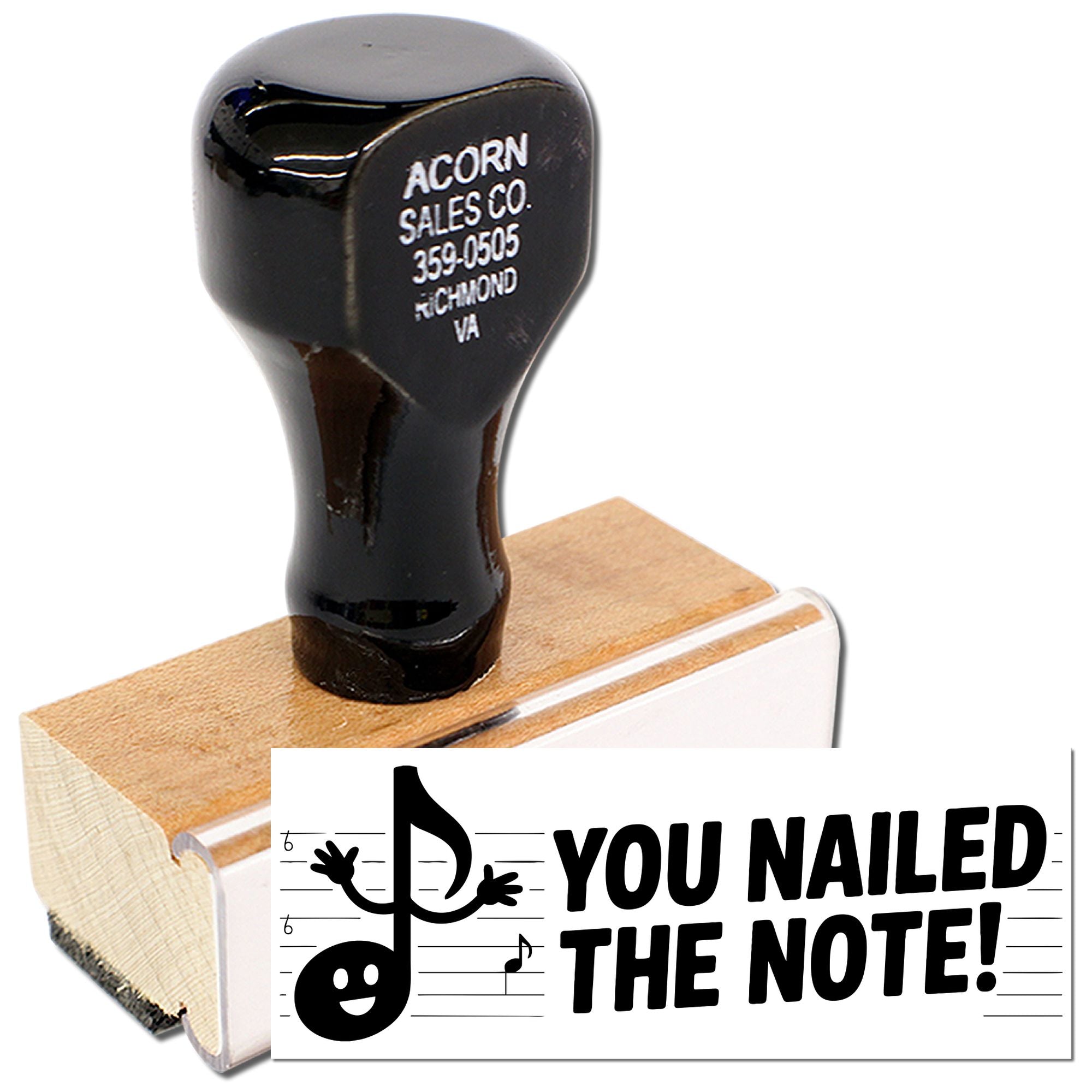 Custom rubber stamp with musical note design and You Nailed the Note! impression for music teachers and student awards.