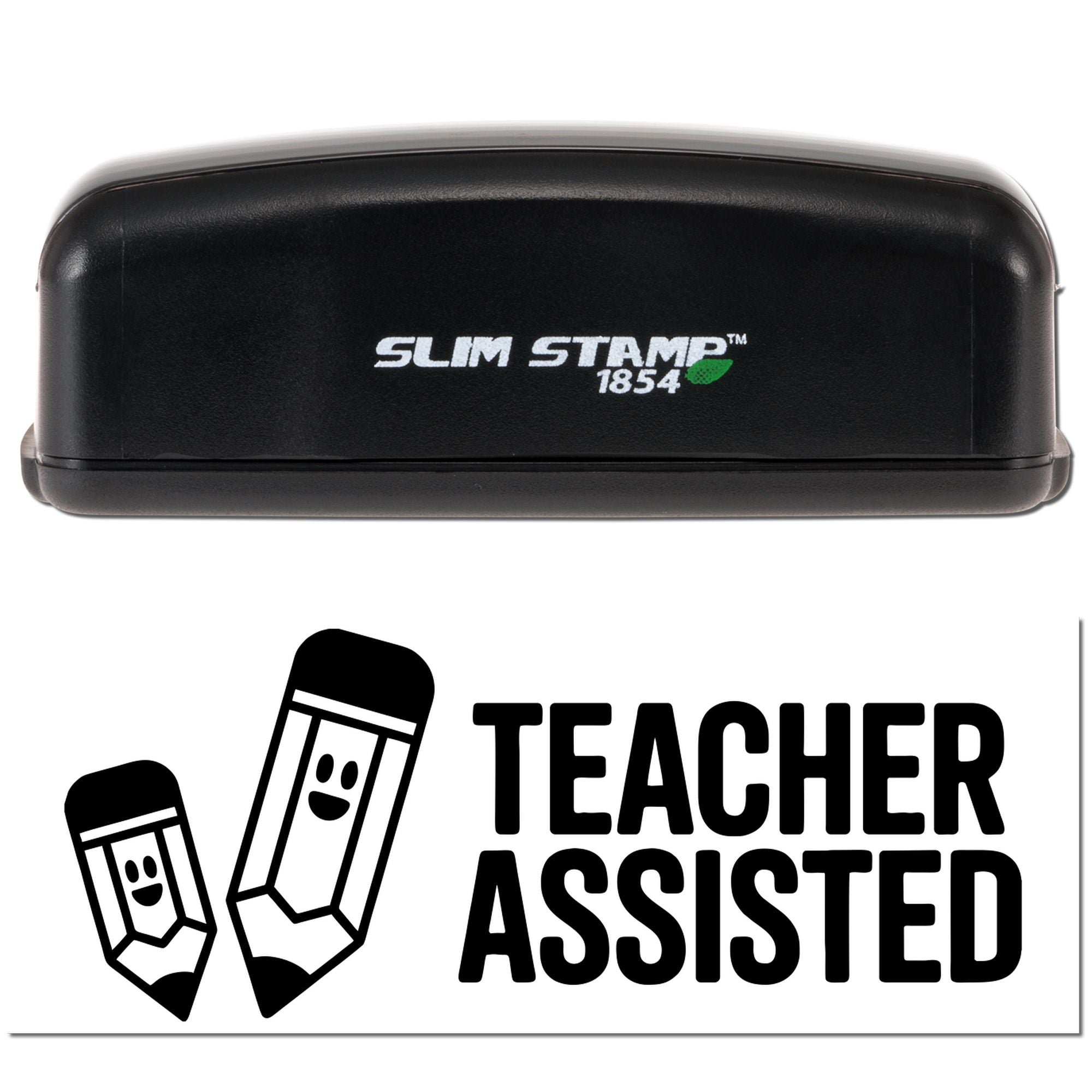 Teacher Assisted Slim Stamp 1854 rubber stamp with pencil icons for classroom grading and educator feedback.