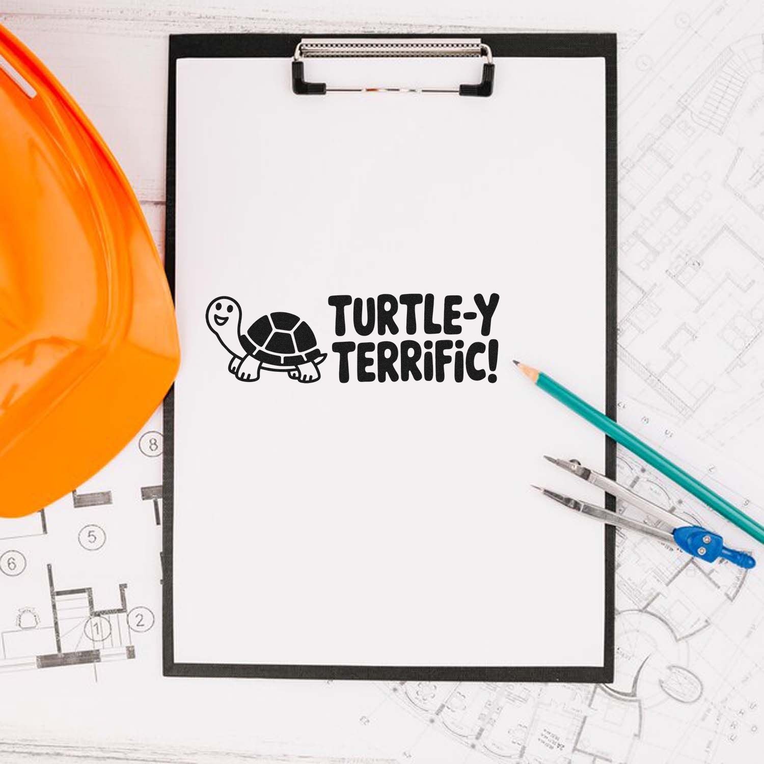 Turtley Terrific turtle rubber stamp design on clipboard, perfect for classroom rewards, kids crafts, and fun teacher stamping.