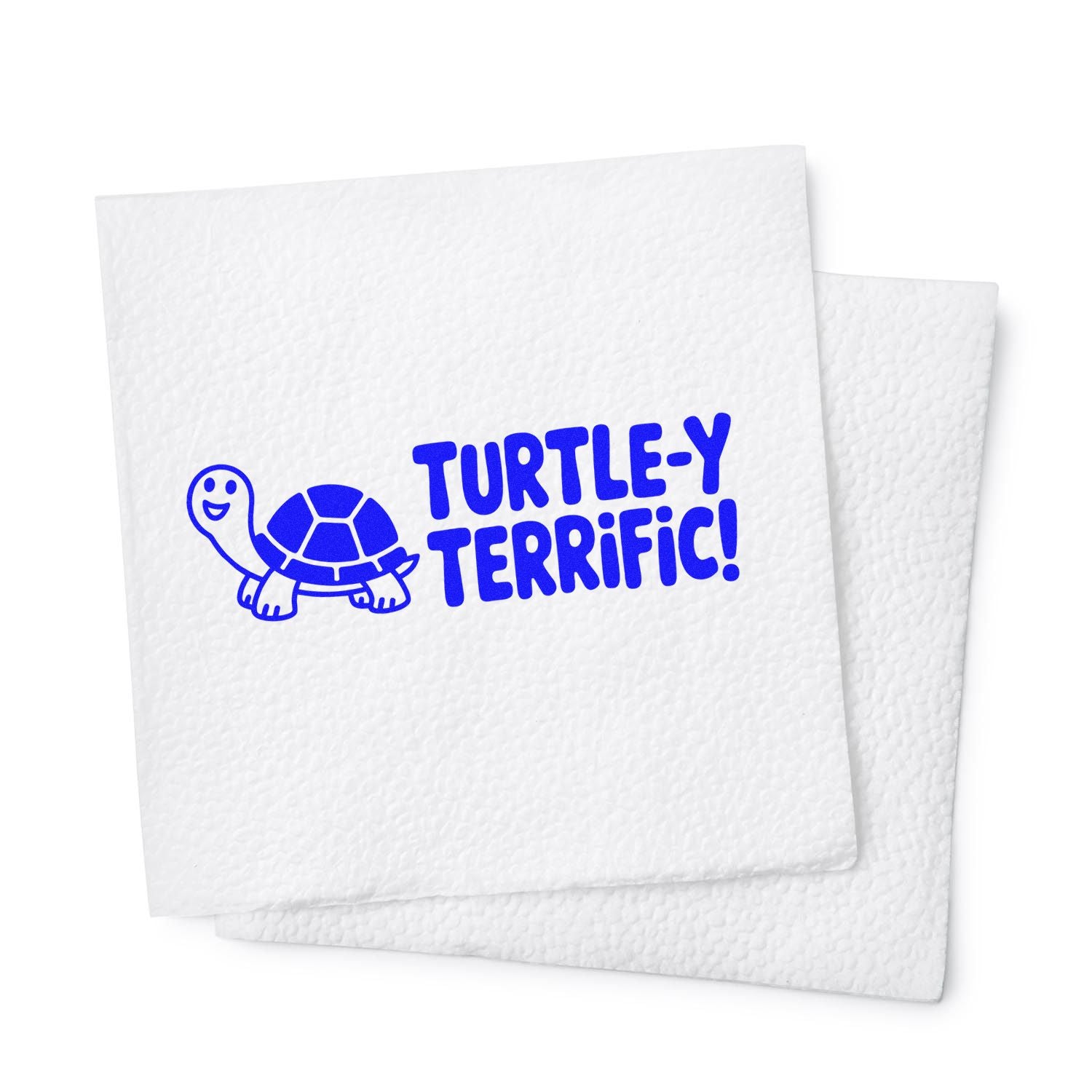 Blue Turtley Terrific turtle rubber stamp impression on textured paper for custom animal stamping.
