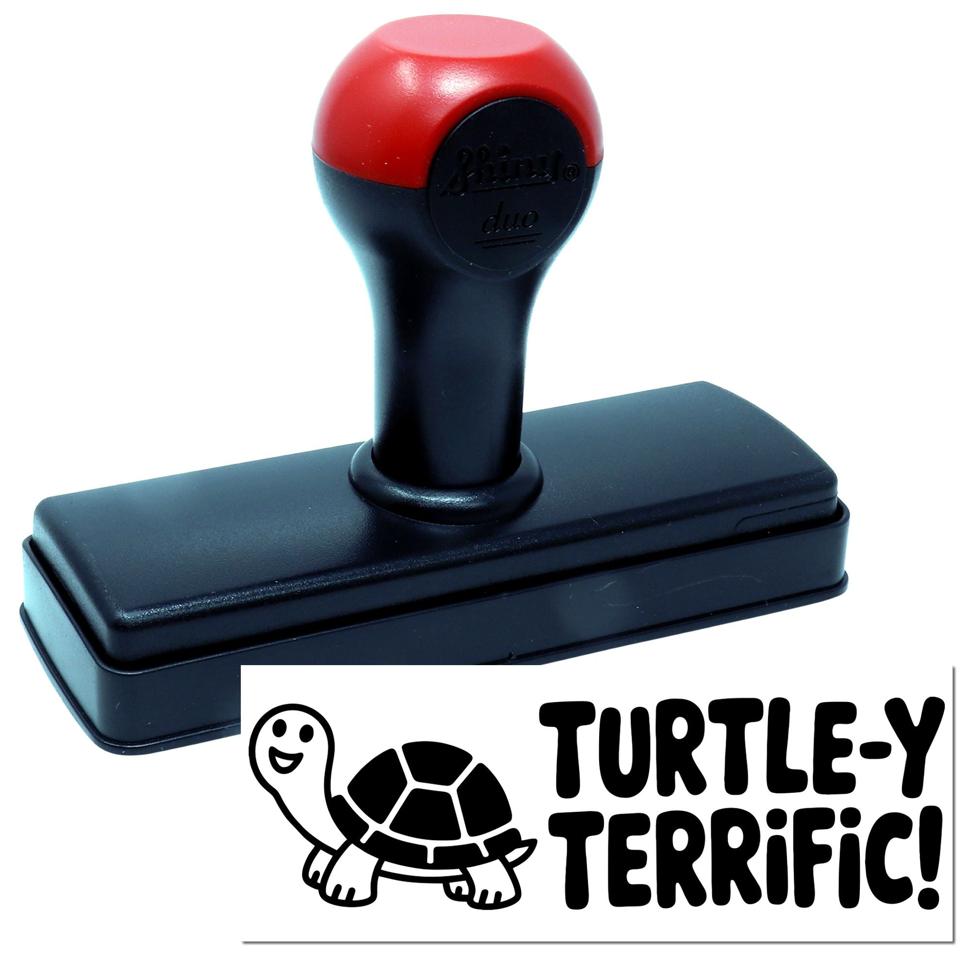 Self-inking rubber stamp with turtle Turtle-y Terrific! design for teacher rewards, crafts, and custom stamping.