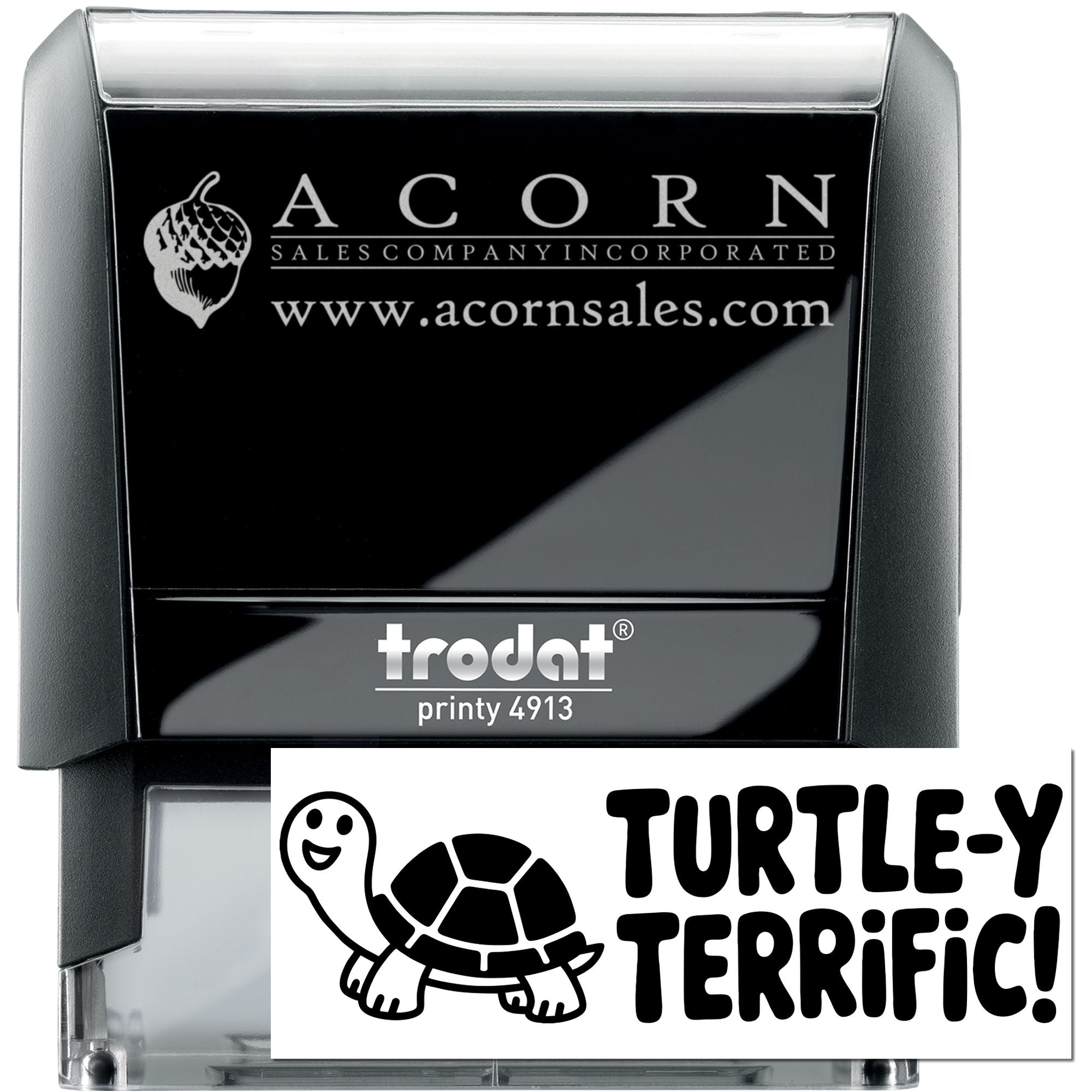 Trodat Printy 4913 custom self-inking rubber stamp with Acorn Sales logo and turtle design for branded business use.