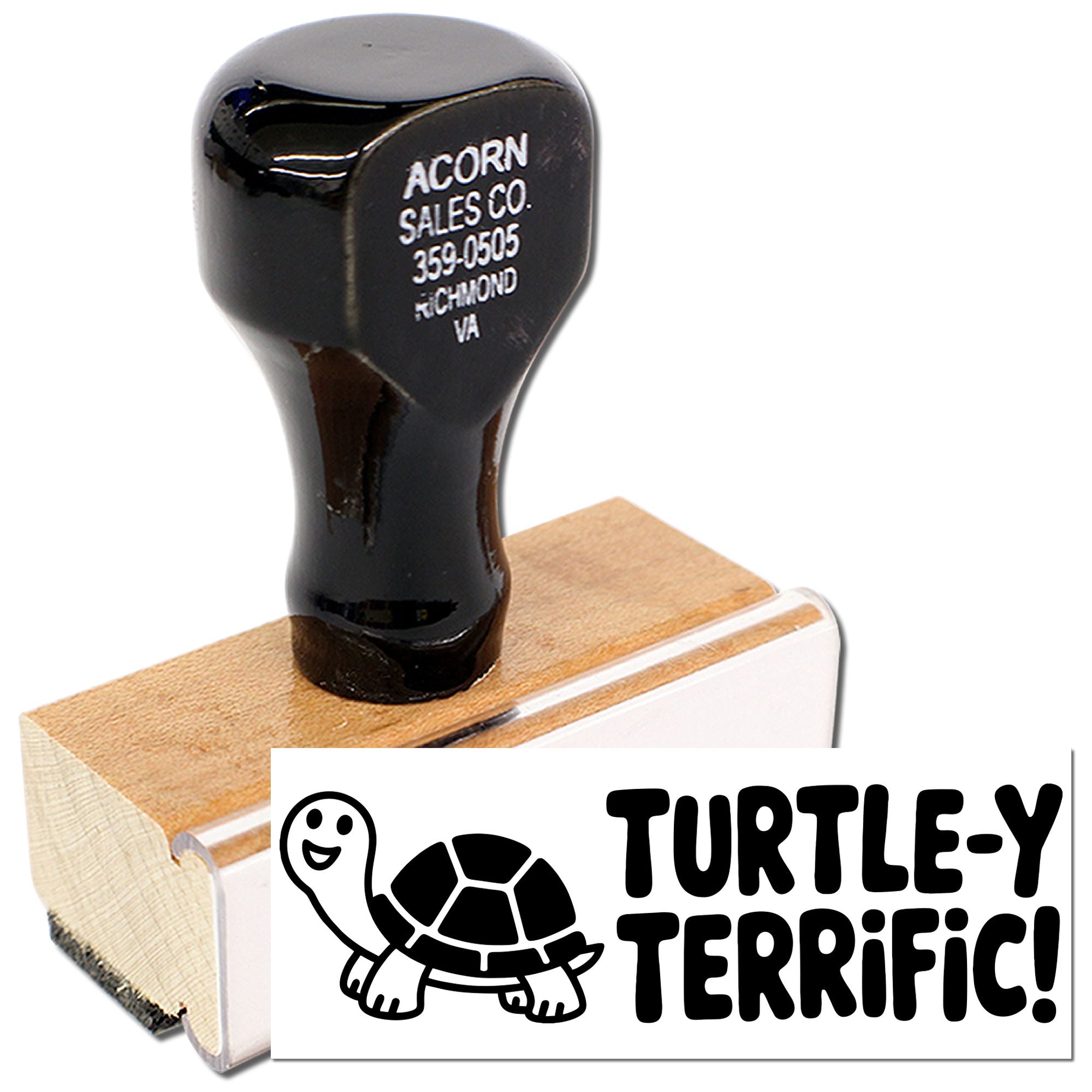 Wooden custom rubber stamp featuring a turtle design and Turtle-y Terrific! text for crafts and gifts.
