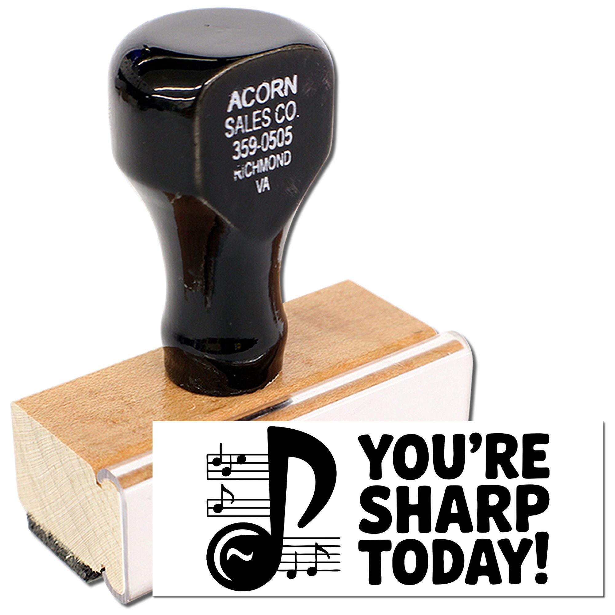 Custom rubber stamp with music note design and Youre Sharp Today! message for personalized business or craft use.