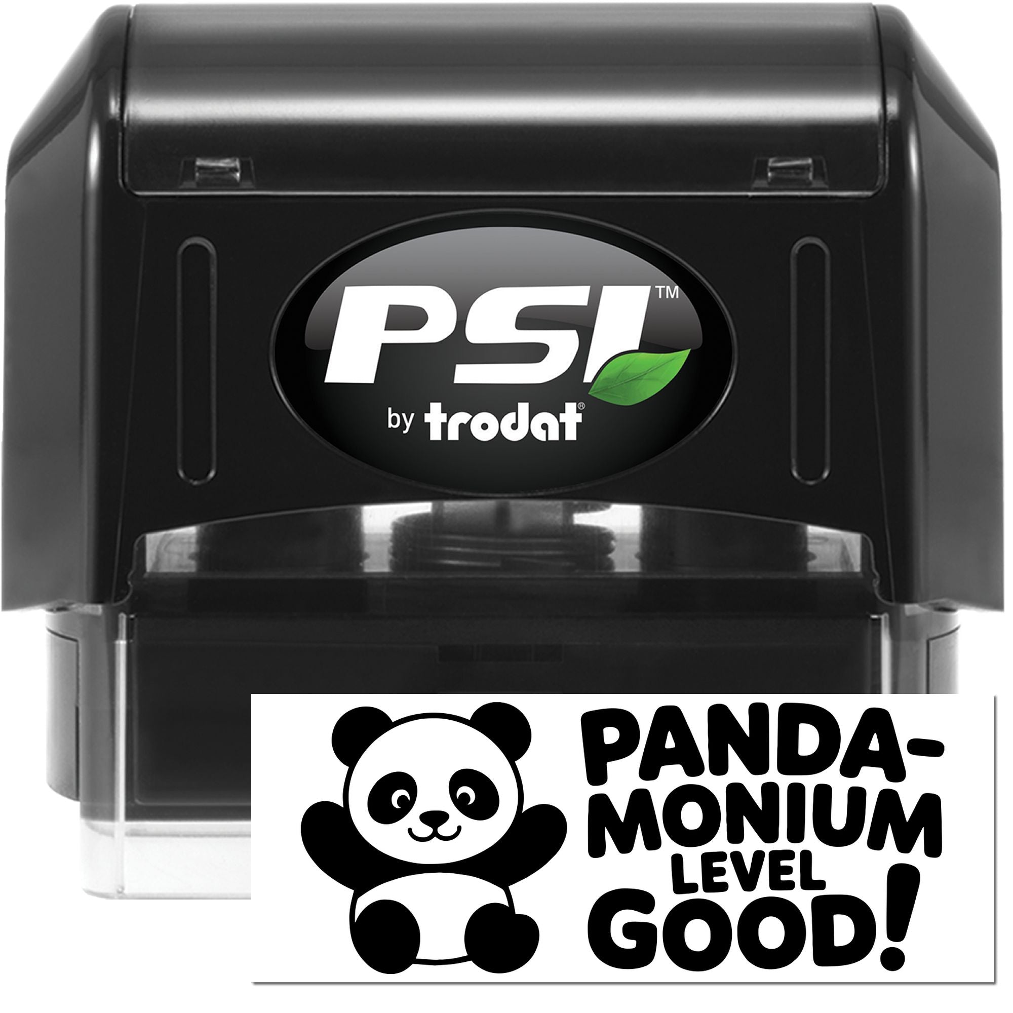 PSI by Trodat self-inking rubber stamp with panda design and Panda-monium Level Good! imprint for fun custom stamping