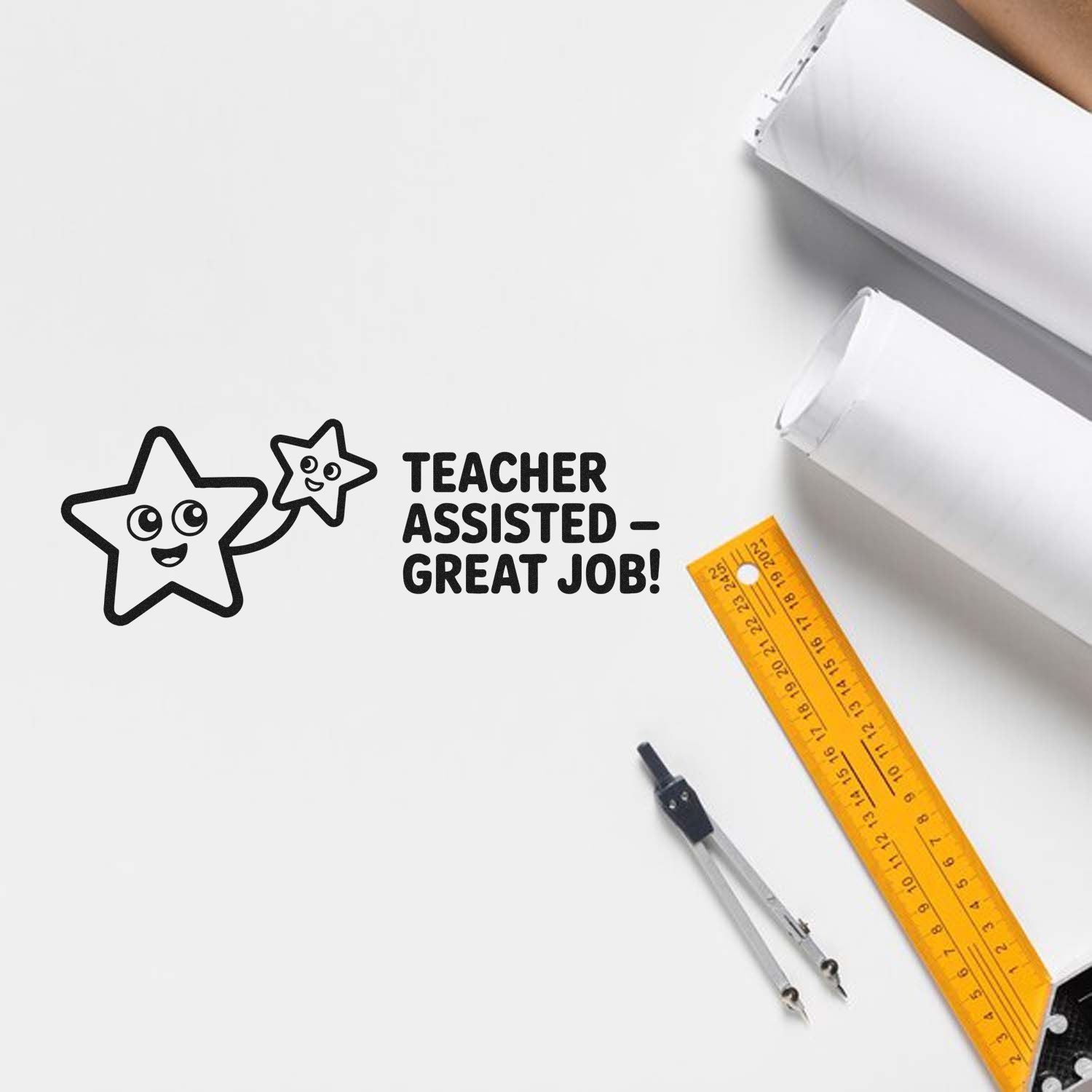 Teacher Assisted Great Job rubber stamp design for grading student work and rewarding classroom achievements.