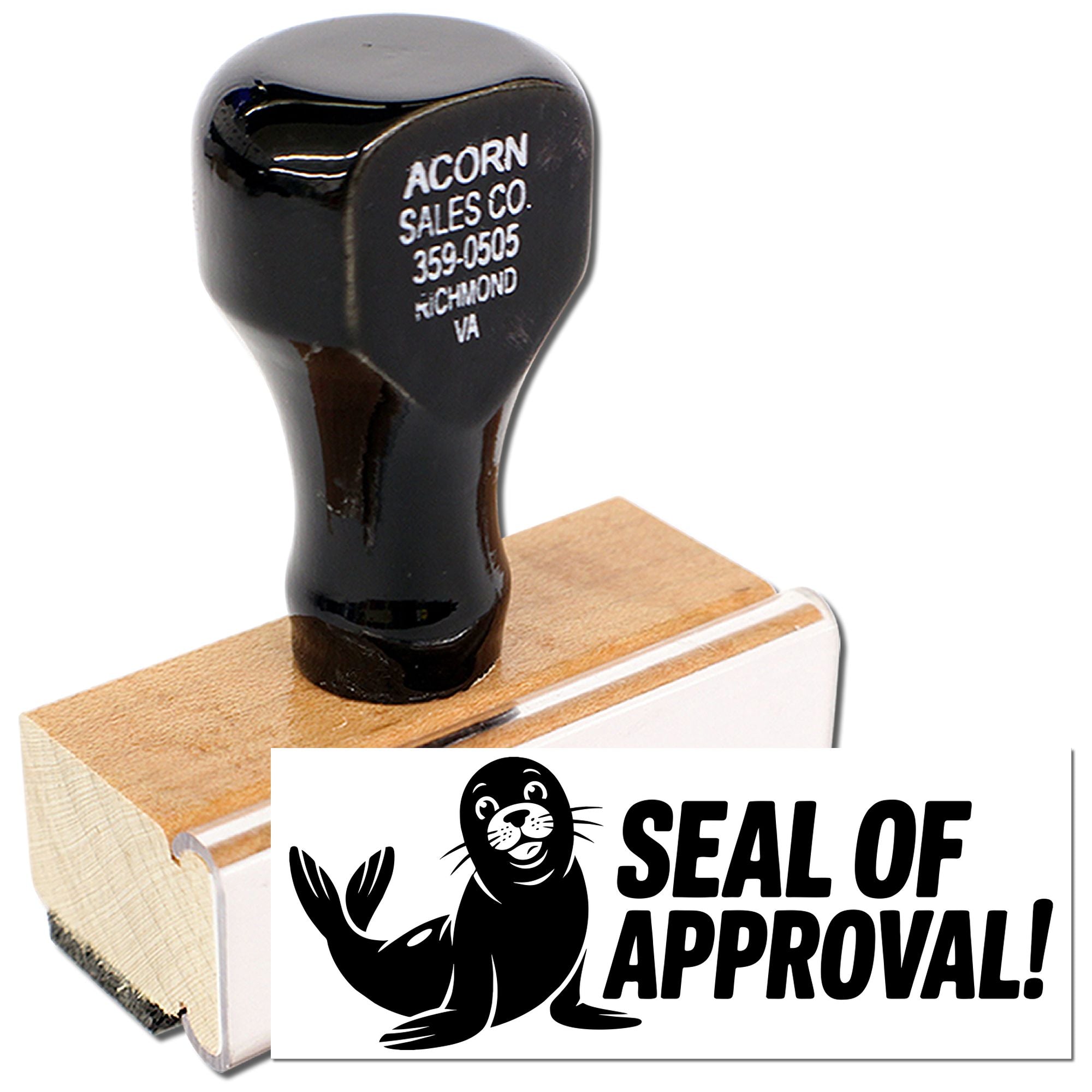 Wooden custom rubber stamp with Seal of Approval! imprint for business branding, packaging, and product approval.