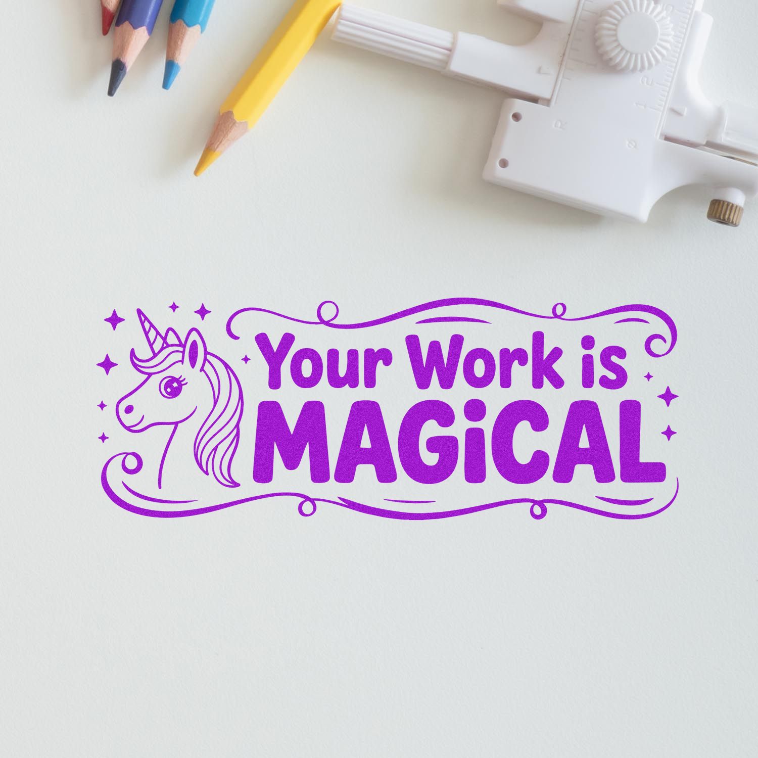 Unicorn rubber stamp design with Your Work is Magical quote, ideal for inspiring craft and office projects.