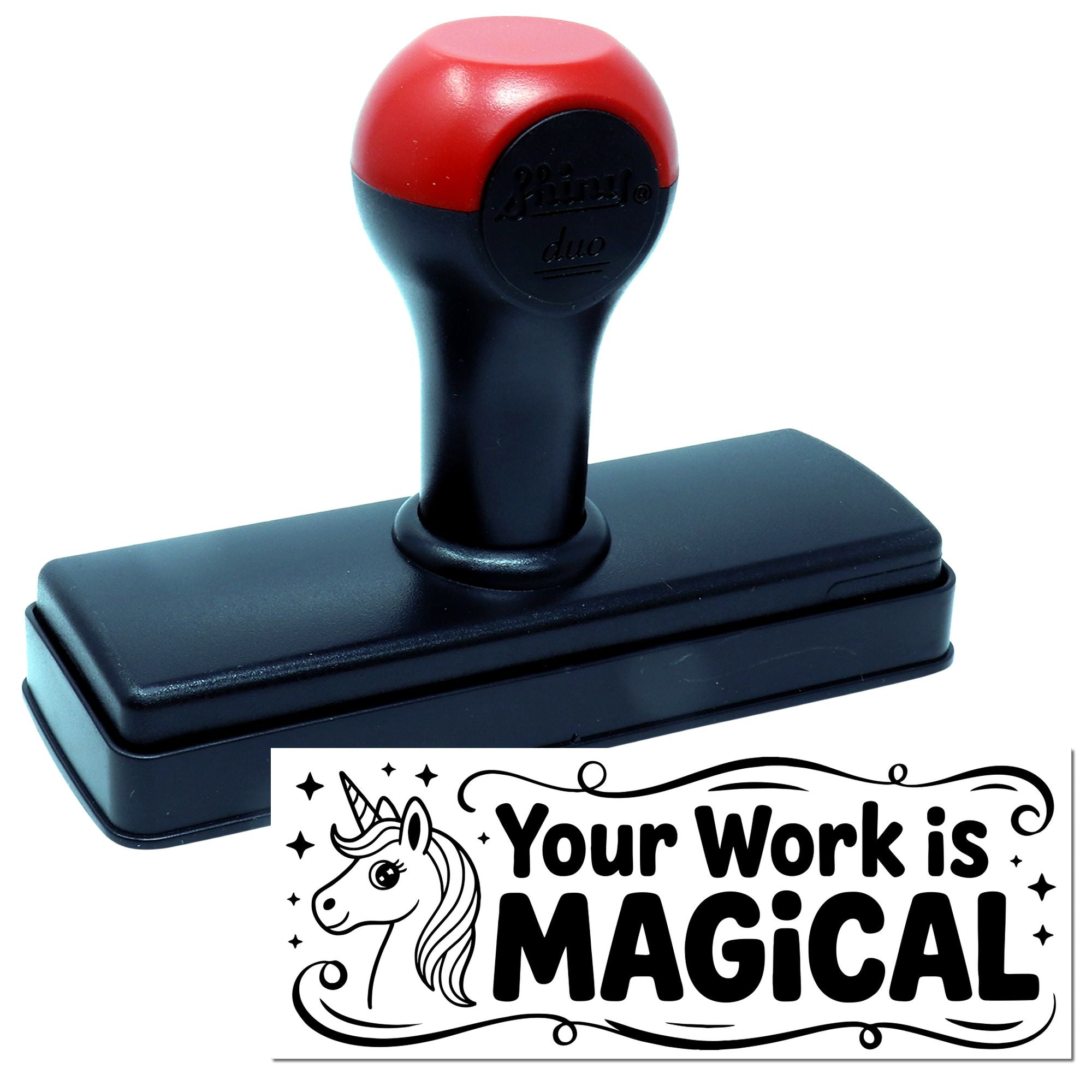 Self-inking unicorn rubber stamp with Your Work is Magical design for teacher rewards, crafts, and motivational notes.