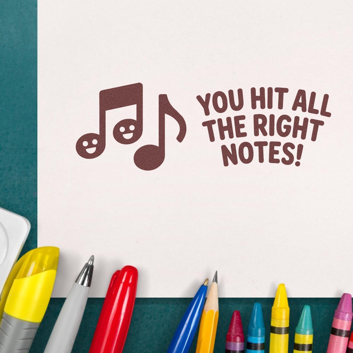 Music-themed rubber stamp with You hit all the right notes! perfect for teacher praise, recital, or achievement stamping.